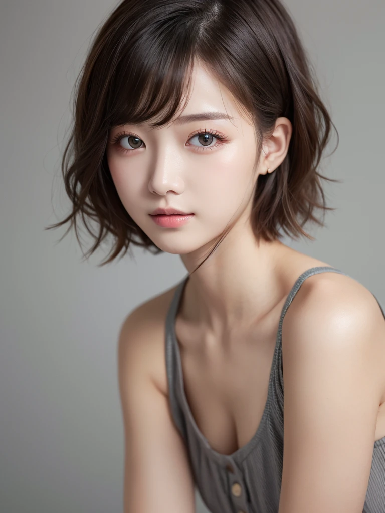 1girl in、real looking skin、(short-hair:1.1)、Very short shorthair、(Photorealsitic:1.1)、Beautuful Women、Beauty salon with revealing clothes、Gray background、Natural look
