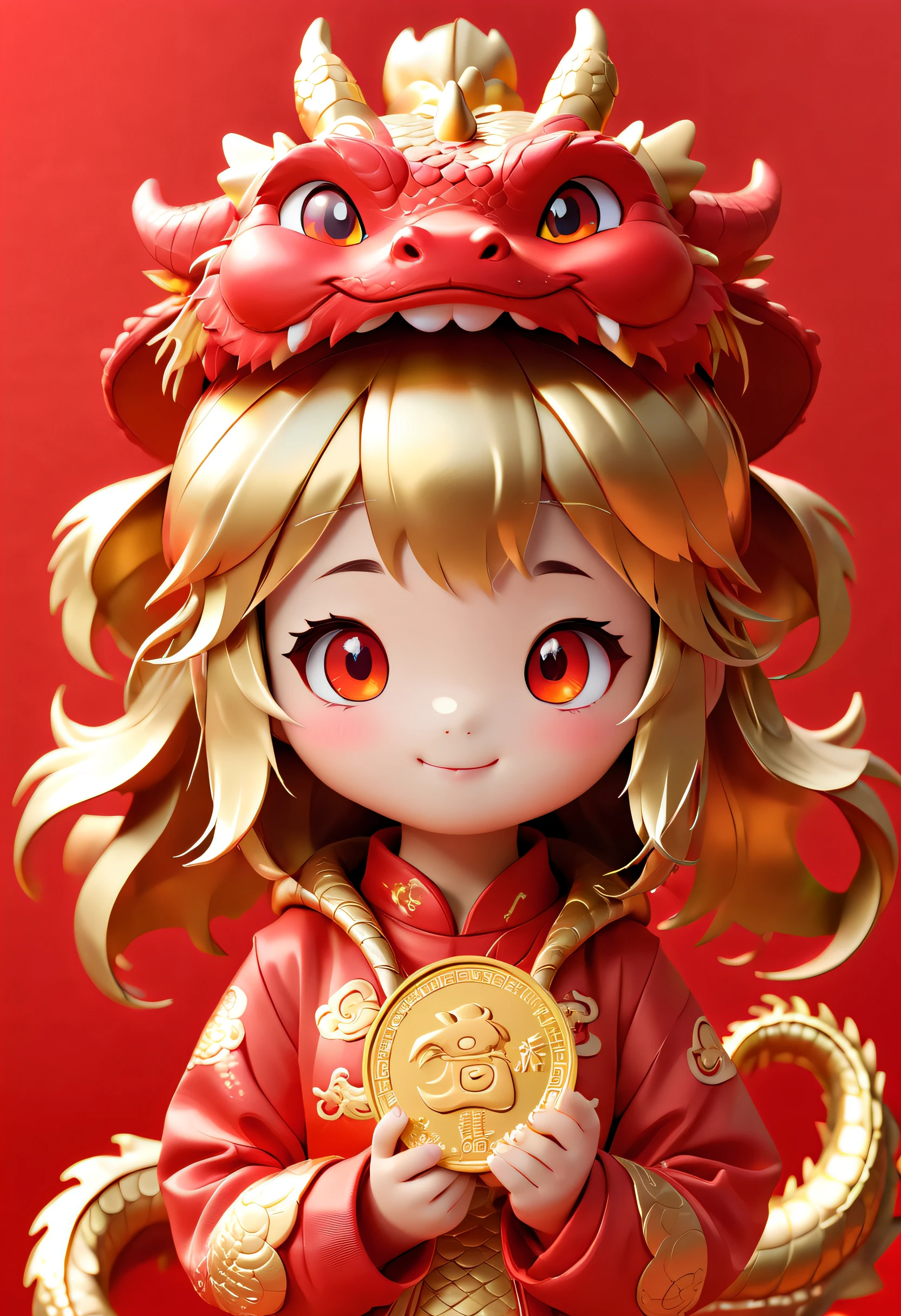 Super cute girl wearing Chinese dragon hat, She holds a gold coin in her hand, Happy, eyes with brightness, Red Wall, Pop Mart blind box, a 3D render, hairy pubic