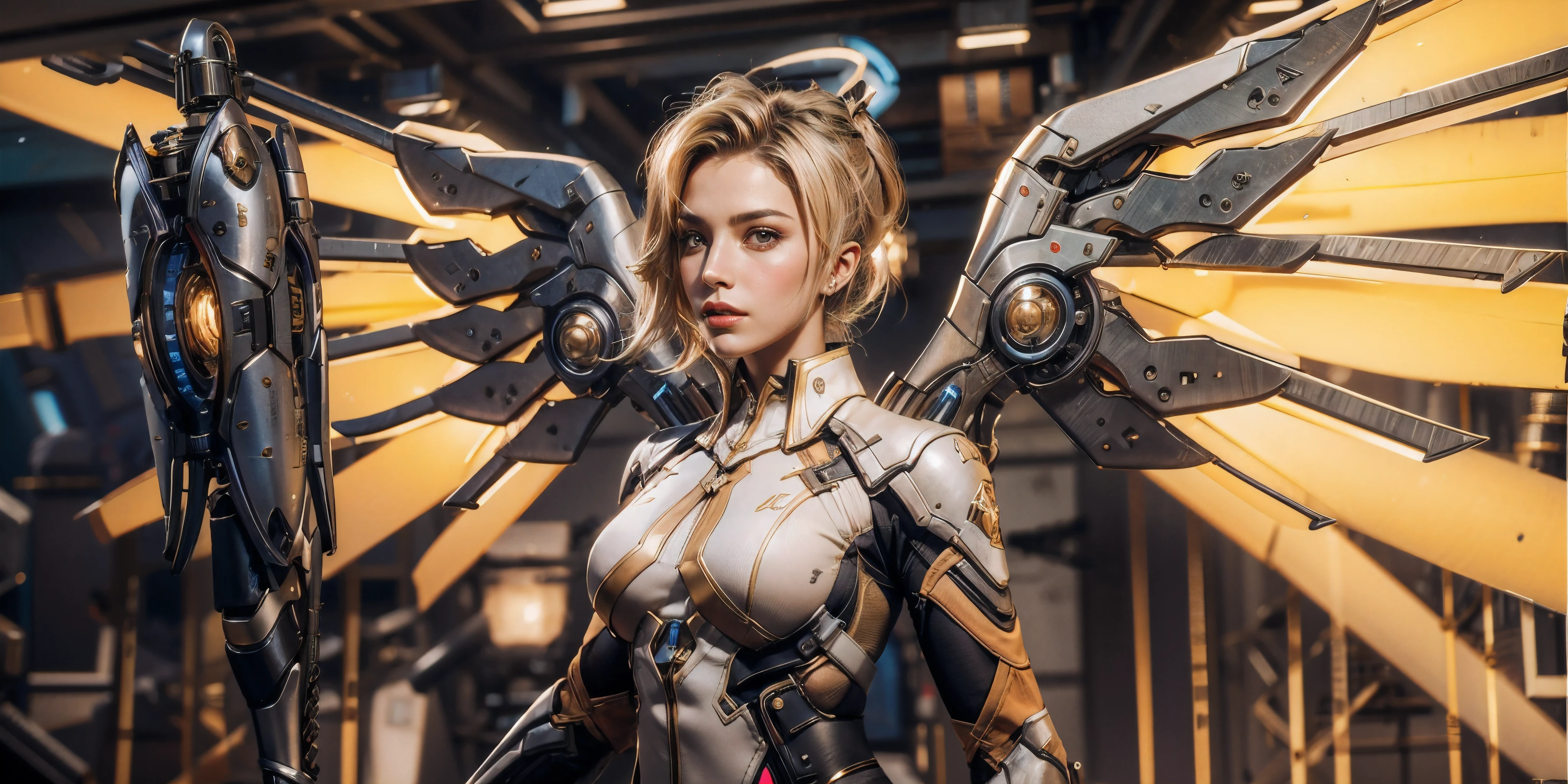 image of mercy from overwatch,blonde hair,mechanical wings,(realistic,photorealistic:1.37),detailed face,beautiful detailed eyes,beautiful detailed lips,detailed mechanical wings,shiny metallic textures,soft lighting,vivid colors,peaceful expression,action pose,high quality details,professional rendering,bokeh,vivid colors,sharp focus,physically-based rendering,five fingers hand,good anatomy hand,portrait,futuristic lighting,ultra-detailed,professional,sharp focus,vivid colors,physically-based rendering,studio lighting,bokeh