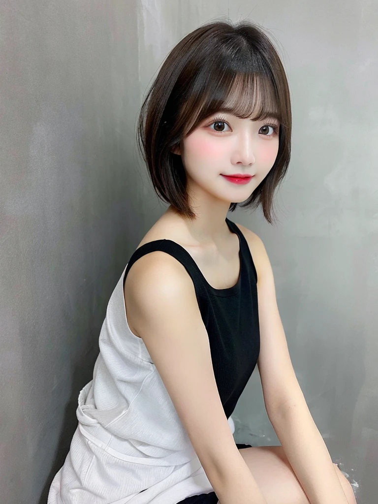 1girl in、real looking skin、(short-hair:1.1)、Very short shorthair、(Photorealsitic:1.1)、Beautuful Women、Beauty salon with revealing clothes、Gray background、Natural look