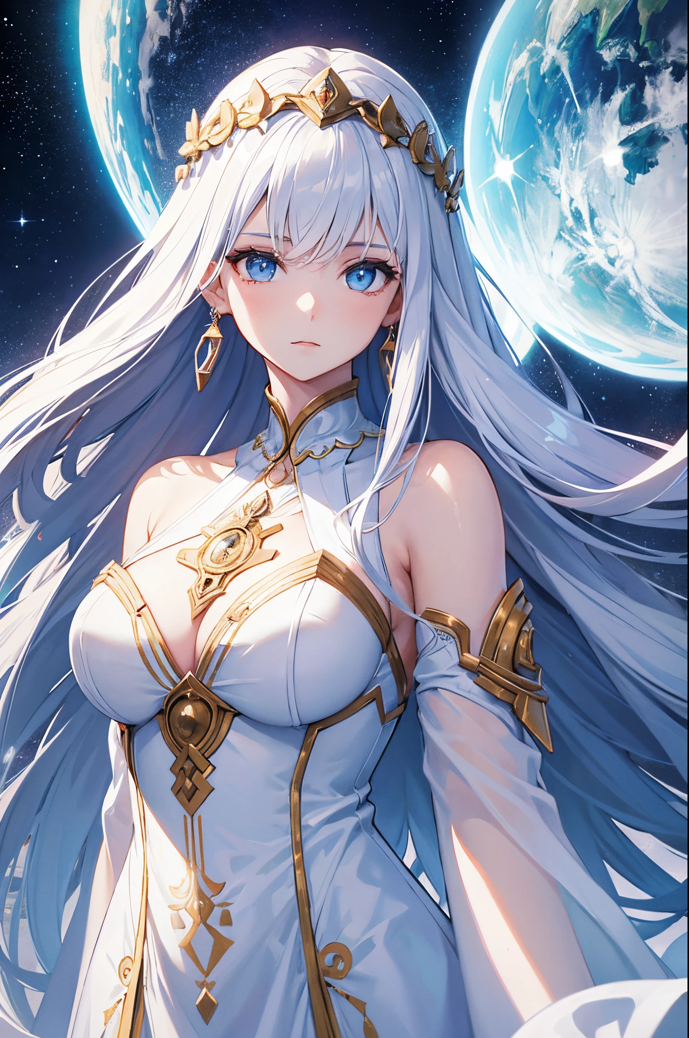 Woman. woman. 1-women. One woman. A woman. A Goddess in typical all-white Goddess attire. An Aeon . The Goddess of . Long white hair and light sky blue eyes. Background of a starry galaxy with giant clocks. Goddess of time and space. Upper body. Half body potrait. Hair accessories. Beautiful hair style. Cool woman. Authoritative women. Cool and strong aura. Aesthetics. Mysterious. Very beautiful.