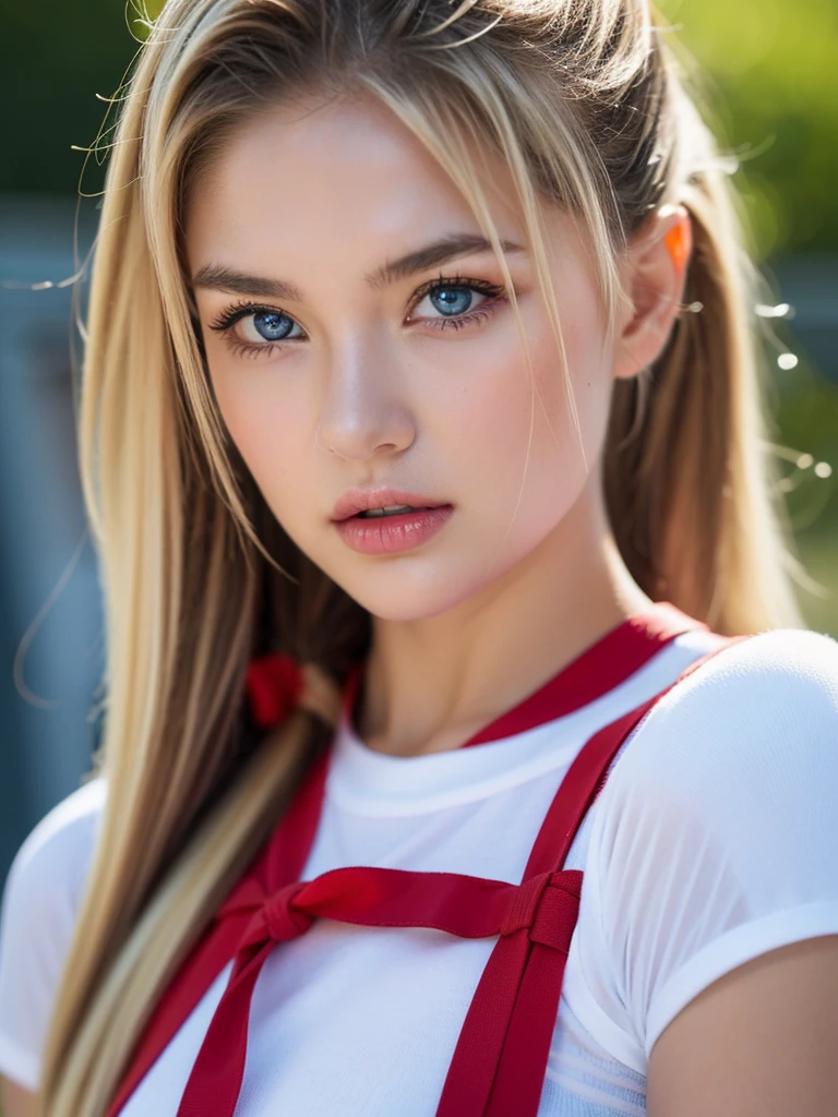 "(Best Quality,High resolution,Ultra-realistic),Detailed Focus,Realistic portraits,Delicate art,full body photography,1girl, 19yo, blonde hair, very long hair, twintails, red ribbon, blue eyes, shy, ,akizuki airi, blonde_hair, blue eyes, twintails, very_long_hair, hair_ornament red, hair_scrunchie red, big_breasts,akizuki airi, blonde_hair, blue eyes, twintails, very_long_hair, hair_ornament red, hair_scrunchie red, big_breasts, white shirt, open shirt, Nipples, blue jeans shorts, belt red, wearing black socks, thighhigh socks, rating:explicit