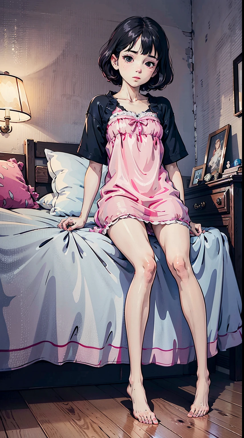 masterpiece, best quality, 8K, UHD, ultra detailed, black short hair, beatiful eyes, black eyes, sexy pose, 15 year old ***********, sleeping in her room wearing a pink nightgown, showing legs and pussy