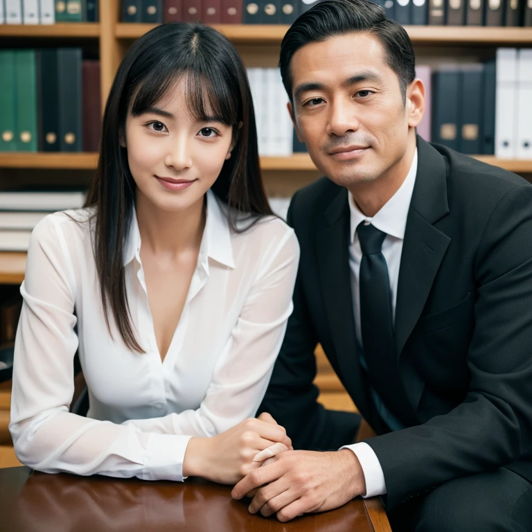 There are one man and woman. best quality, ultra high res, (photorealistic), masterpiece, symmetrical, High detail RAW color photo, Photo in an office setting showing a distinguished Japanese man in his 30s sitting with crossed legs and a confident, smiling expression, wearing tie.
Next to him, a woman in her 20s, standing and staring at him, wearing a white shirt under black suit, medium breasts, Emphasis on Breasts, Background is a little blurry
