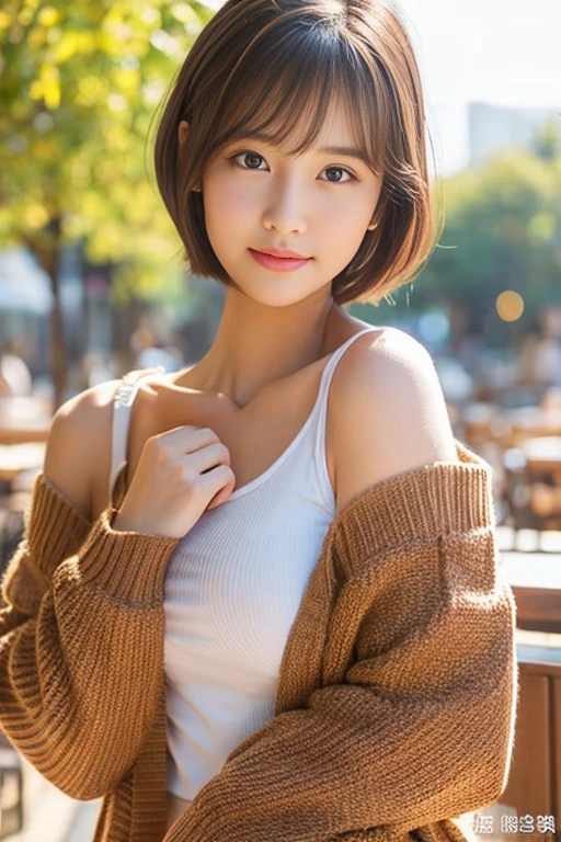 top-quality、ultra-detailliert、​masterpiece、realisitic、Photo Real、one girls、(Cute 17 year old girl、small head)、(kawaii:1.2)、Bewitching、(Brown hair、Short bob hair)、eyes are brown、perfect glossy skin、((A slender))、constricted hips、((Perfect body))、model poses、accurate depiction、face perfect、Brown cardigan、White shirt、off shoulders、large full breasts:1.1、Facing the front、Bright lighting、Sunnyday、cafes、terrace background