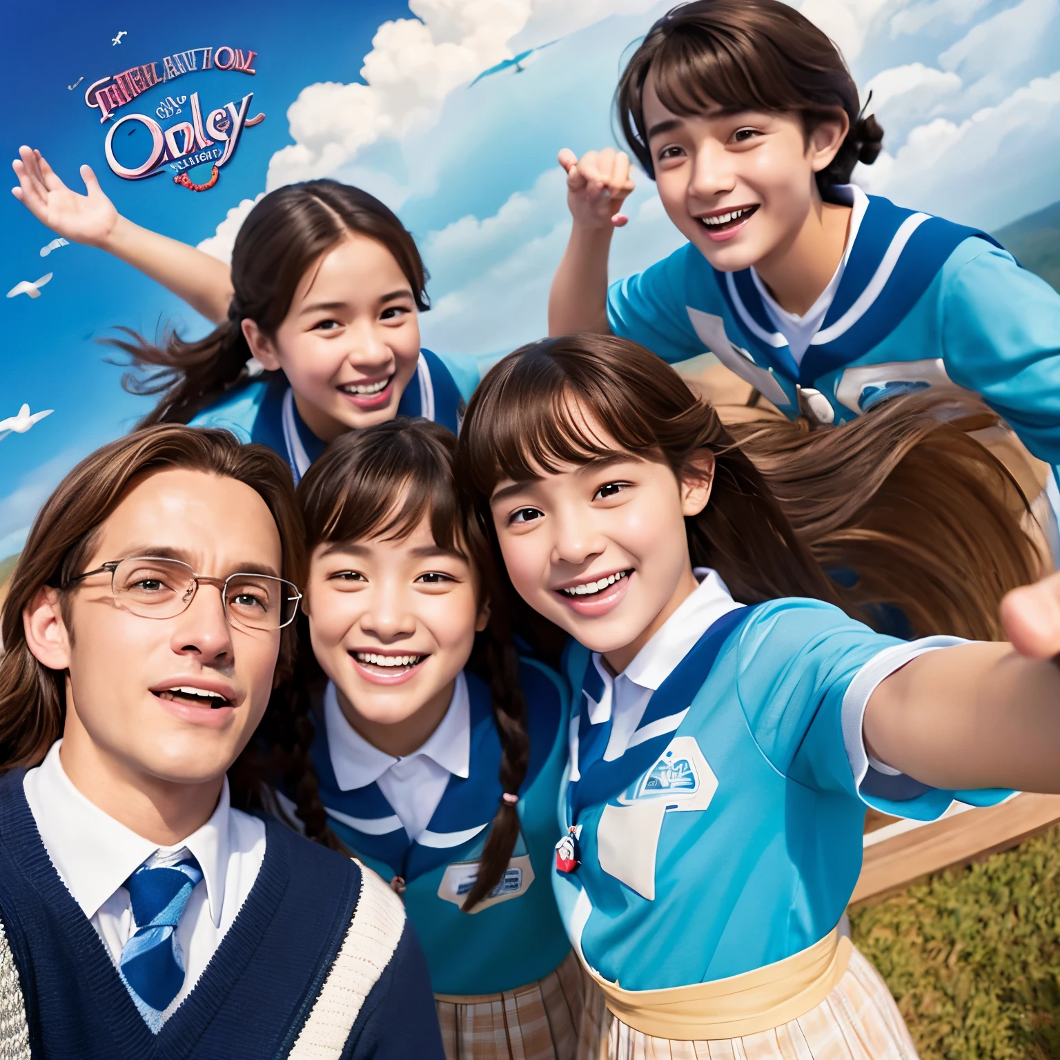 The girl taking a selfie against the sky in the Disney Pixar poster has brown hair, two braids, bangs, and is wearing a school uniform.。The second boy has black hair and is wearing a school uniform.。