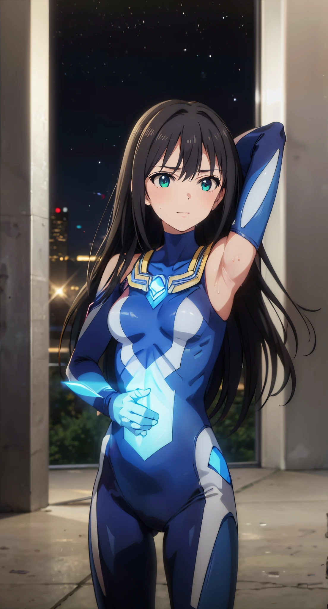 (​masterpiece、top-quality、in 8K、hight resolution:1.2)、Alone、1girl in、 Rin Shibuya、taut clothes、cowboy  shot、Look at viewers、A slight smil、Hero Suit、body suit、tight suits、Trained abs、Trained biceps、(nffsw :1.0）、 Blue Ultraman Bodysuit、glowing gemstone on the chest、（Buildings:1.2)、nighttime scene、A lot of sweat on the face and armpits