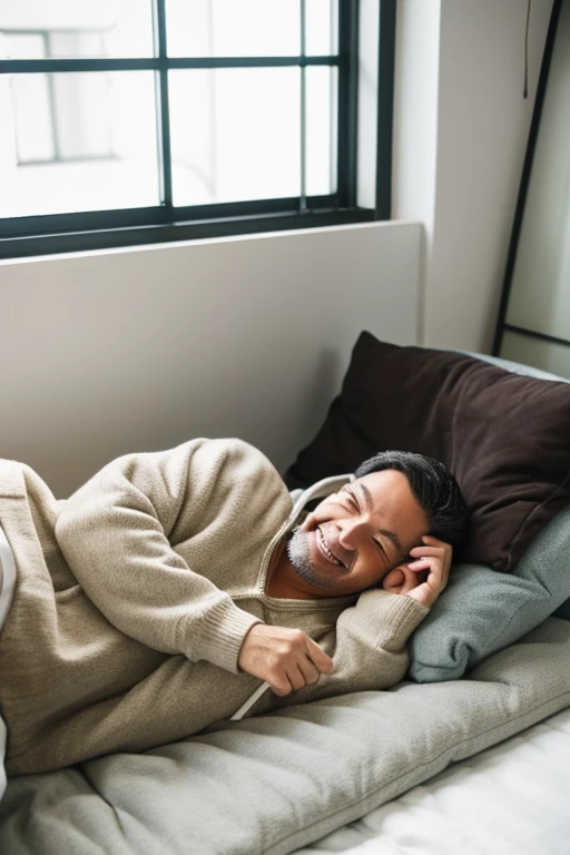 Look at your phone and smile,Handsome Japan,man in his 50's,I have a smartphone,wearing hoodies,Have a tan,lying on the futon in the room,White Room