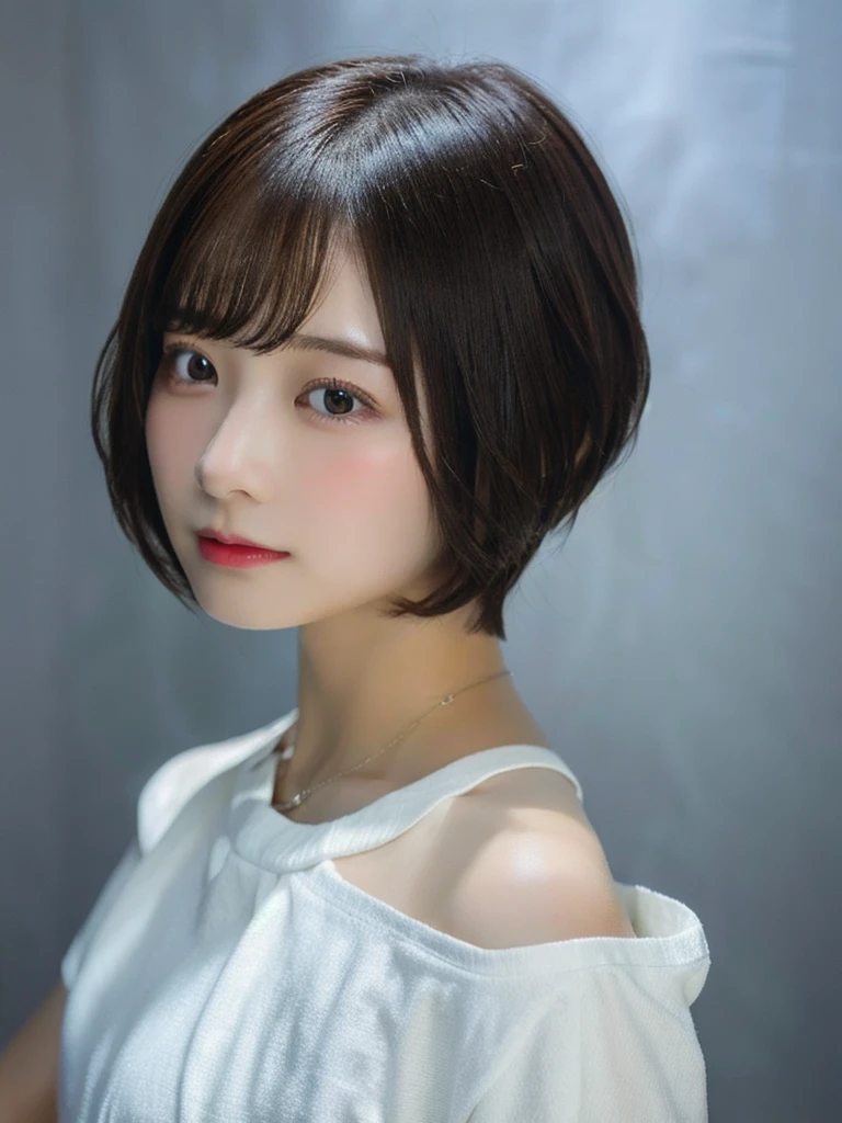 1girl in、real looking skin、(short-hair:1.1)、Very short shorthair、(Photorealsitic:1.1)、Beautuful Women、Beauty salon with revealing clothes、Gray background、Natural look