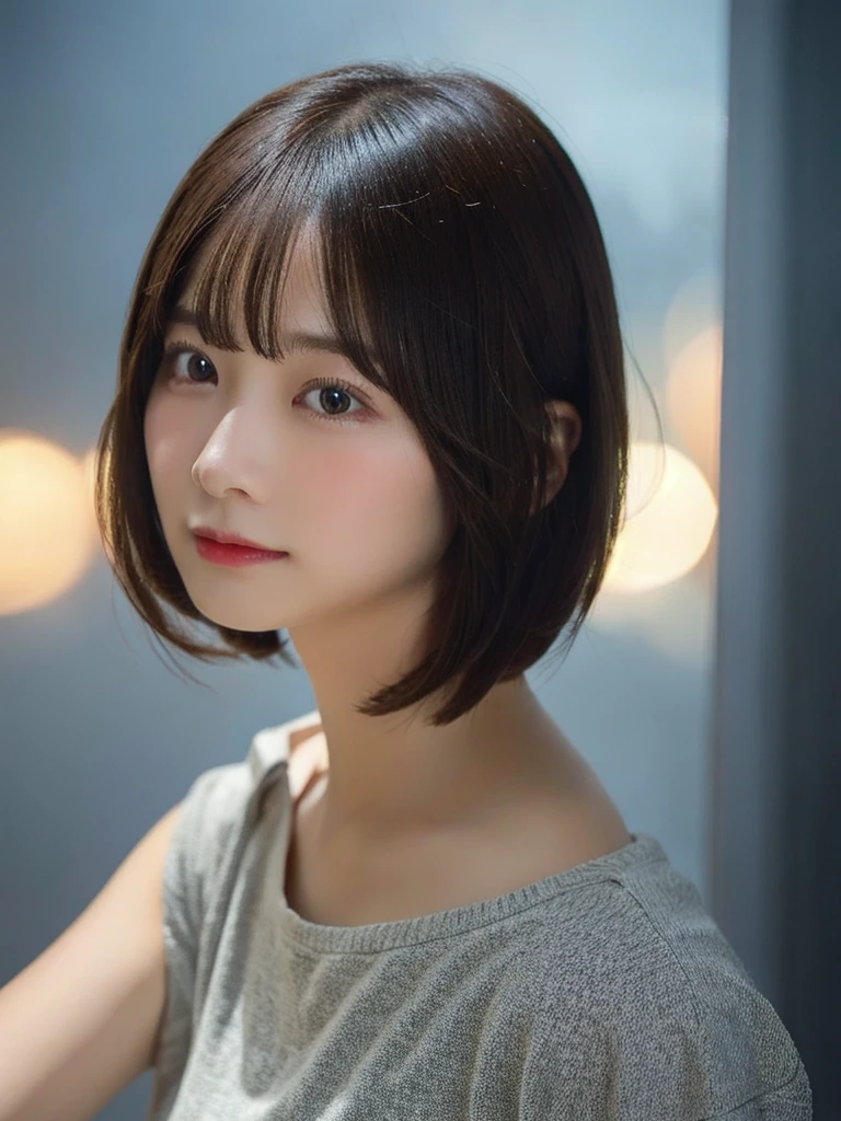 1girl in、real looking skin、(short-hair:1.1)、Very short shorthair、(Photorealsitic:1.1)、Beautuful Women、Beauty salon with revealing clothes、Gray background、Natural look