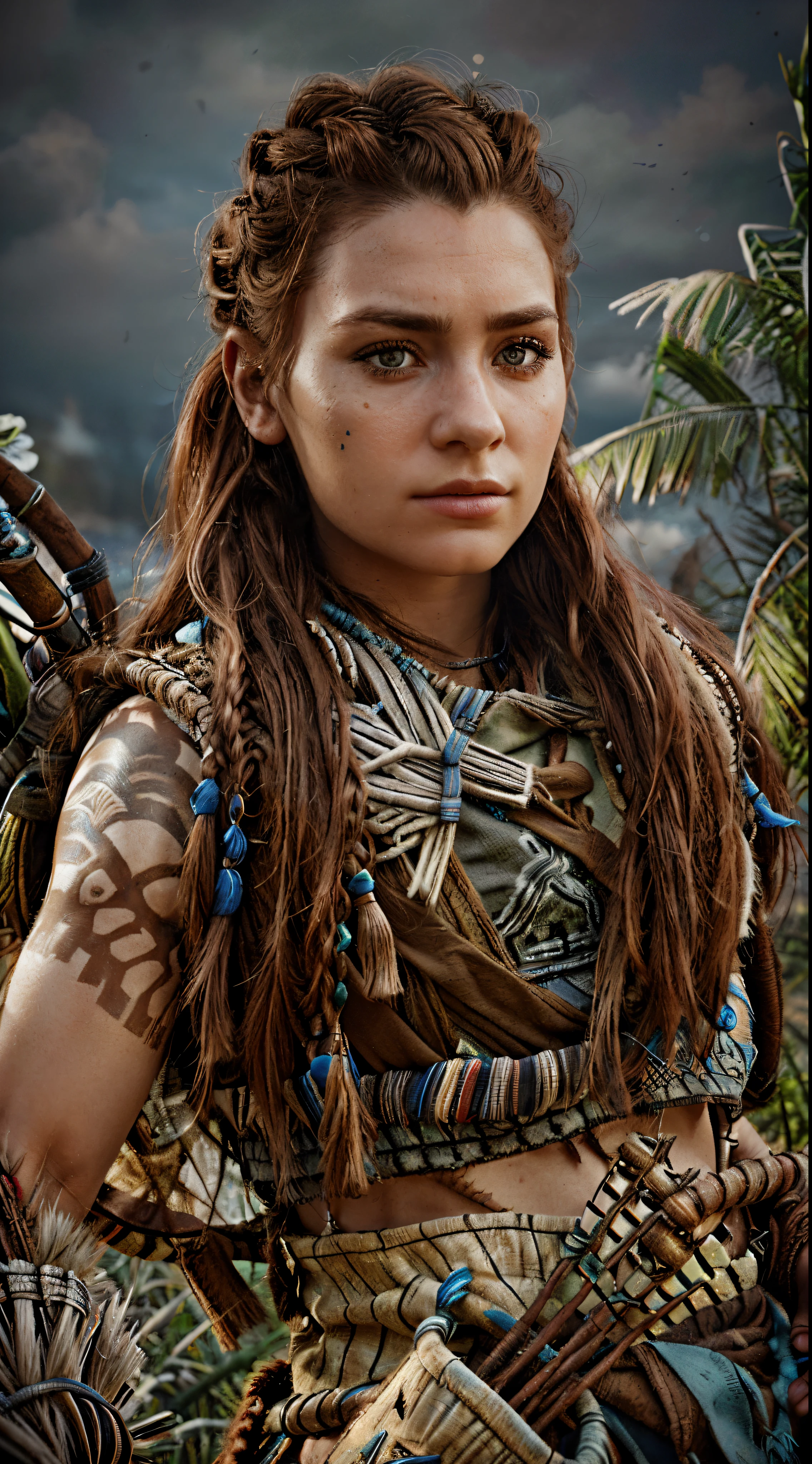 a close up of a woman with, aloy, female character, aloy from horizon: zero dawn, realistic, photorealistic, detailed eyes, detailed face, long hair, determined expression, tribal makeup, post-apocalyptic setting, intense lighting, vibrant colors