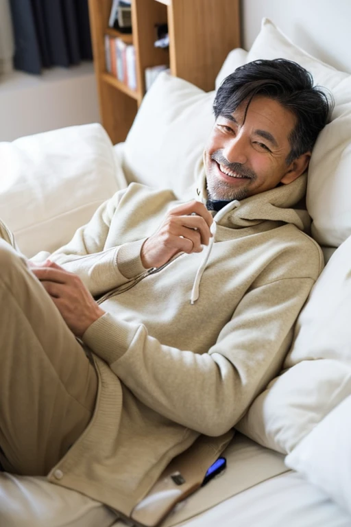 Look at your phone and smile,Handsome Japan,man in his 50's,I have a smartphone,wearing hoodies,Have a tan,lying on the futon in the room,White Room