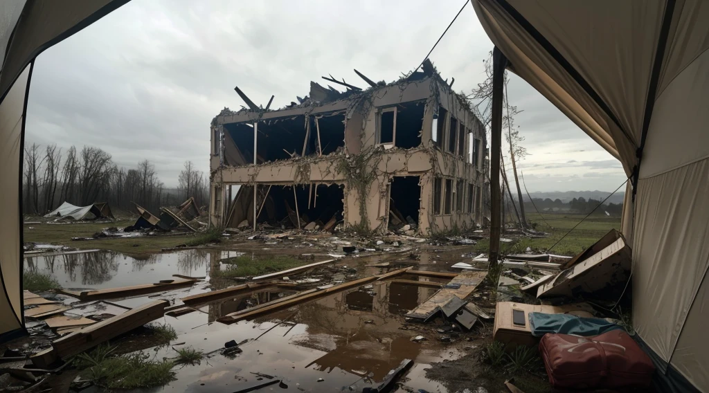 The view from inside the tent,bonfire,Post-apocalypse,gray cloudy sky,Collapsed buildings in the distance,Dense and overgrown weeds,ruins,Collapsed private house,puddles