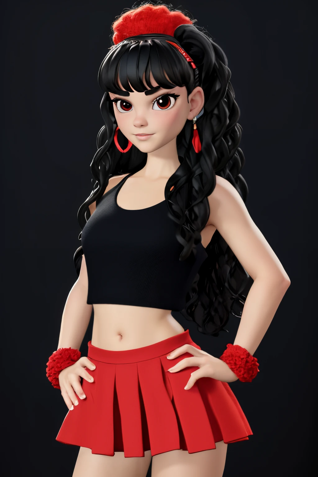 anna, curly long black hair and fringe, cheerleader black and red outfit, night background, retro, 3d, pixar style, red lightning, black and red cheerleading pompoms, photo studio, simple background