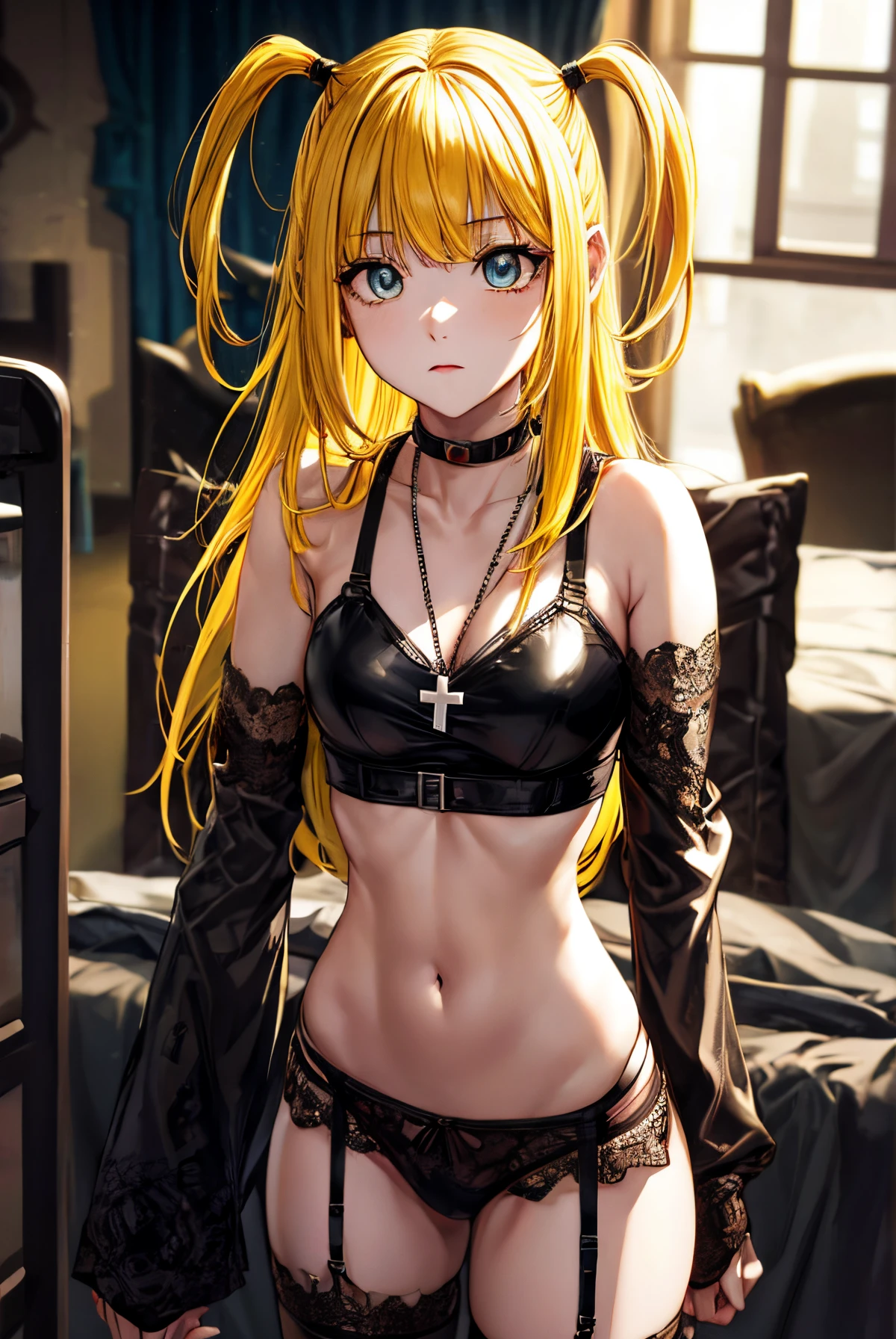 misaamane, misa amane, long hair, bangrown eyes:1.7), (yellow hair:1.5), blunt bangs, (two side up:1.5), red lips, lipstick, solo, 1girl, cowboy shot,
BREAK thighhighs, jewelry, collarbone, boots, detached sleeves, choker, black thighhighs, necklace, black footwear, black thong, black crop top, cleavage, medium breasts, garter straps, cross, red nails, cross necklace,
BREAK looking at viewer,
BREAK indoors,
BREAK (masterpiece:1.2), best quality, high resolution, unity 8k wallpaper, (illustration:0.8), (beautiful detailed eyes:1.6), extremely detailed face, perfect lighting, extremely detailed CG, (perfect hands, perfect anatomy),