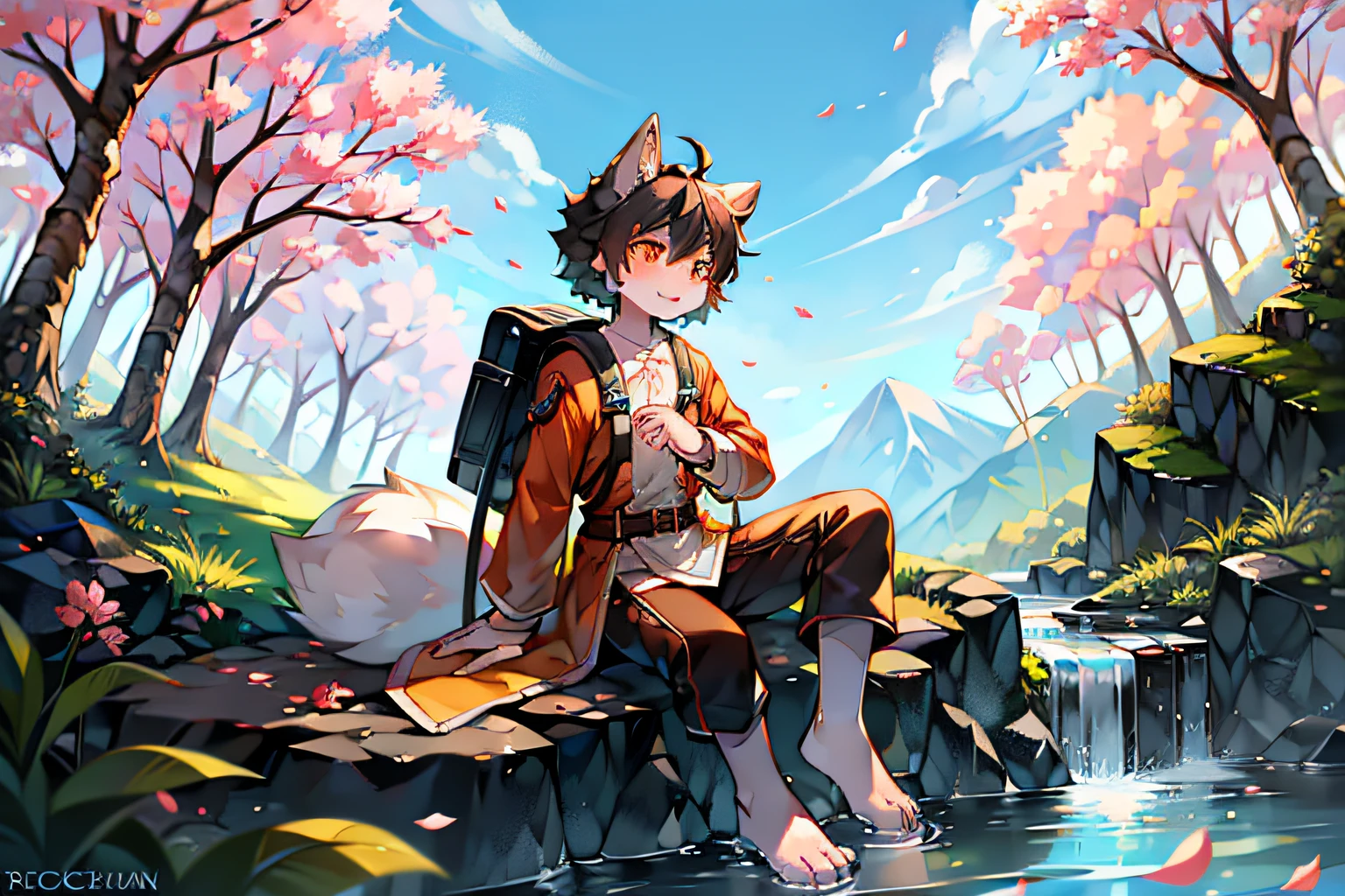 A black-haired wolf，sitting on a rock，A peach blossom tree，Carrying a rucksack，extension of creek，falling flower petals，Saber at the waist，at a forest，White petals，rays of sunshine，lovely boy，shota，orange color shirt，wind coat，Orange pupils，Look up into the distance，backpacks，There  a sword in his hand，Clear facial features，