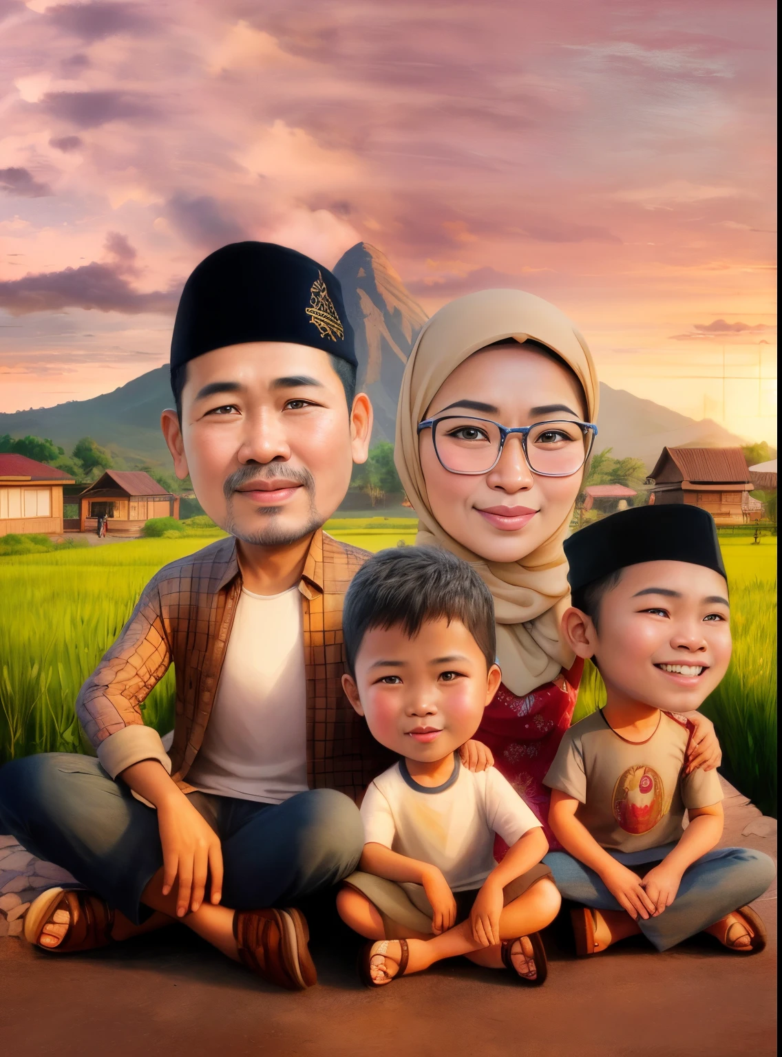 there are three people sitting on a bench with a child, an indonesian family portrait, happy muslim family, indonesian java family, Mother wears the hijab, potrait, Beautiful mountain and sky background in the afternoon, realism artstyle, caricature illustration, full protrait, in cartoon style, by Abidin Dino, foto realistic, cartoon digital art, digital art cartoon, realistic cartoon, caricature style, inspired by I Ketut Soki, family