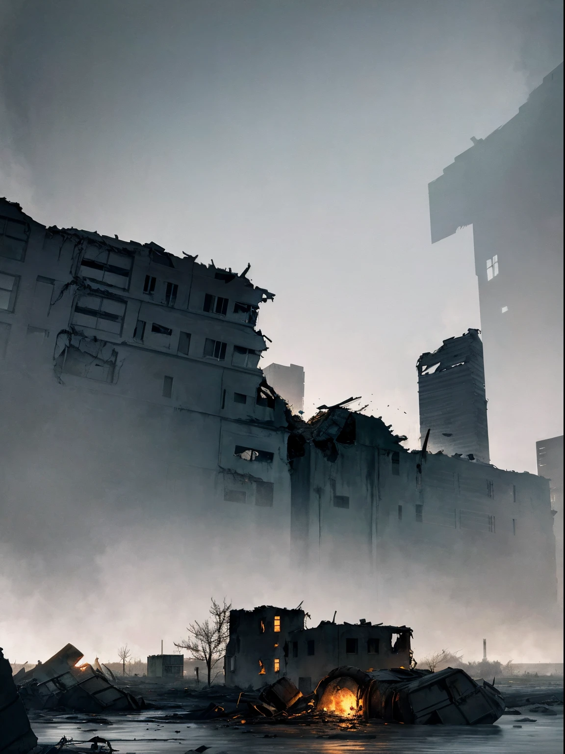 Realistic landscape, ultra - detailed, postapocalyptic, Most of it  covered with water, an artificial island, Detailed pubic hair, Super quality, high qulity, full of buildings, Destroyed buildings, Completed, more darkness, Dark scene, postapocalypse, Foggy sections, Darker, There are not many trees