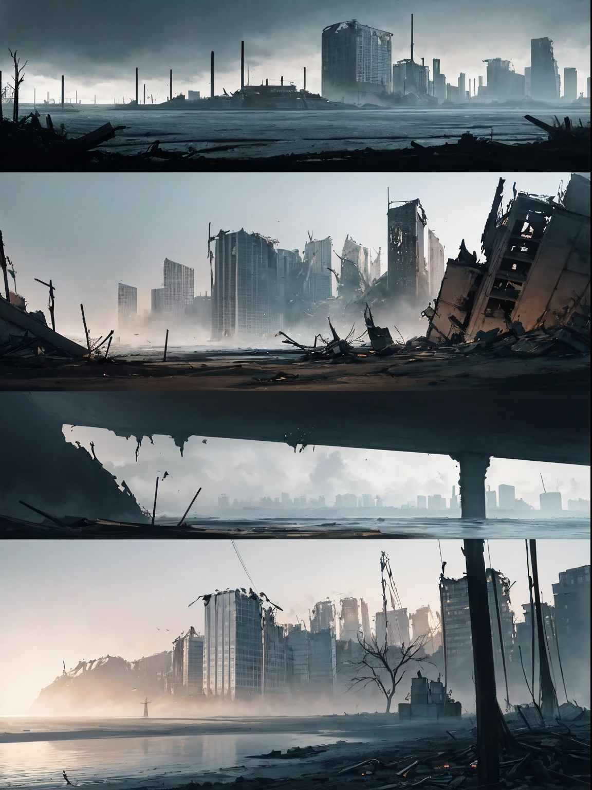 Realistic landscape, ultra - detailed, postapocalyptic, Most of it covered with water, an artificial island, Detailed pubic hair, Super quality, high qulity, full of buildings, Destroyed buildings, Completed, more darkness, Dark scene, postapocalypse, Foggy sections, Darker, There are not many trees