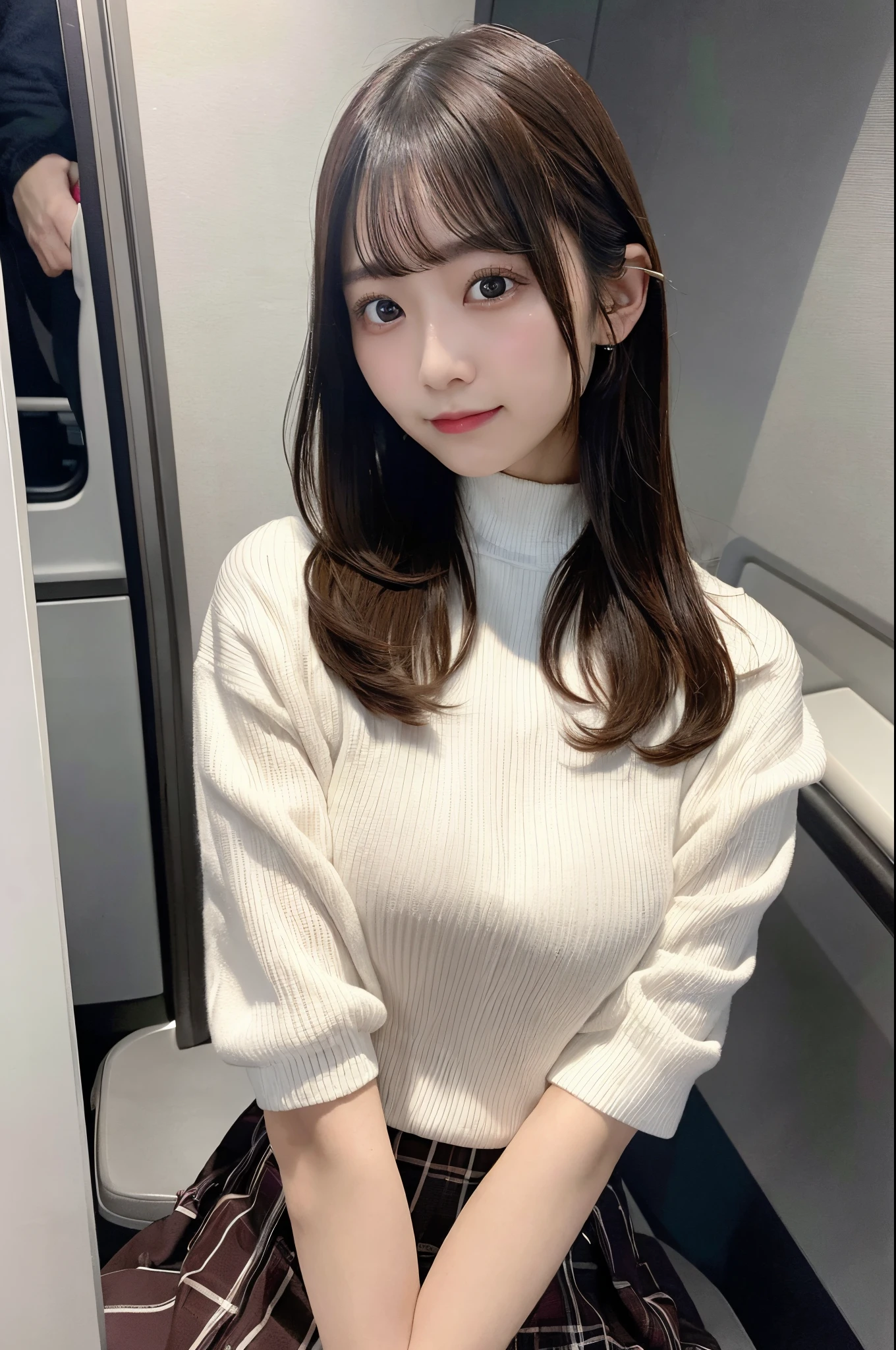 Top image quality、4K picture quality、Best Quality、huge tit、g-cup、22year old、japanes、short stature、Two arms、Wearing a white blouse with a long-sleeved collar、She is wearing a brown checked pleated miniskirt.、Thin leg、Sitting next to each other on a plane at night