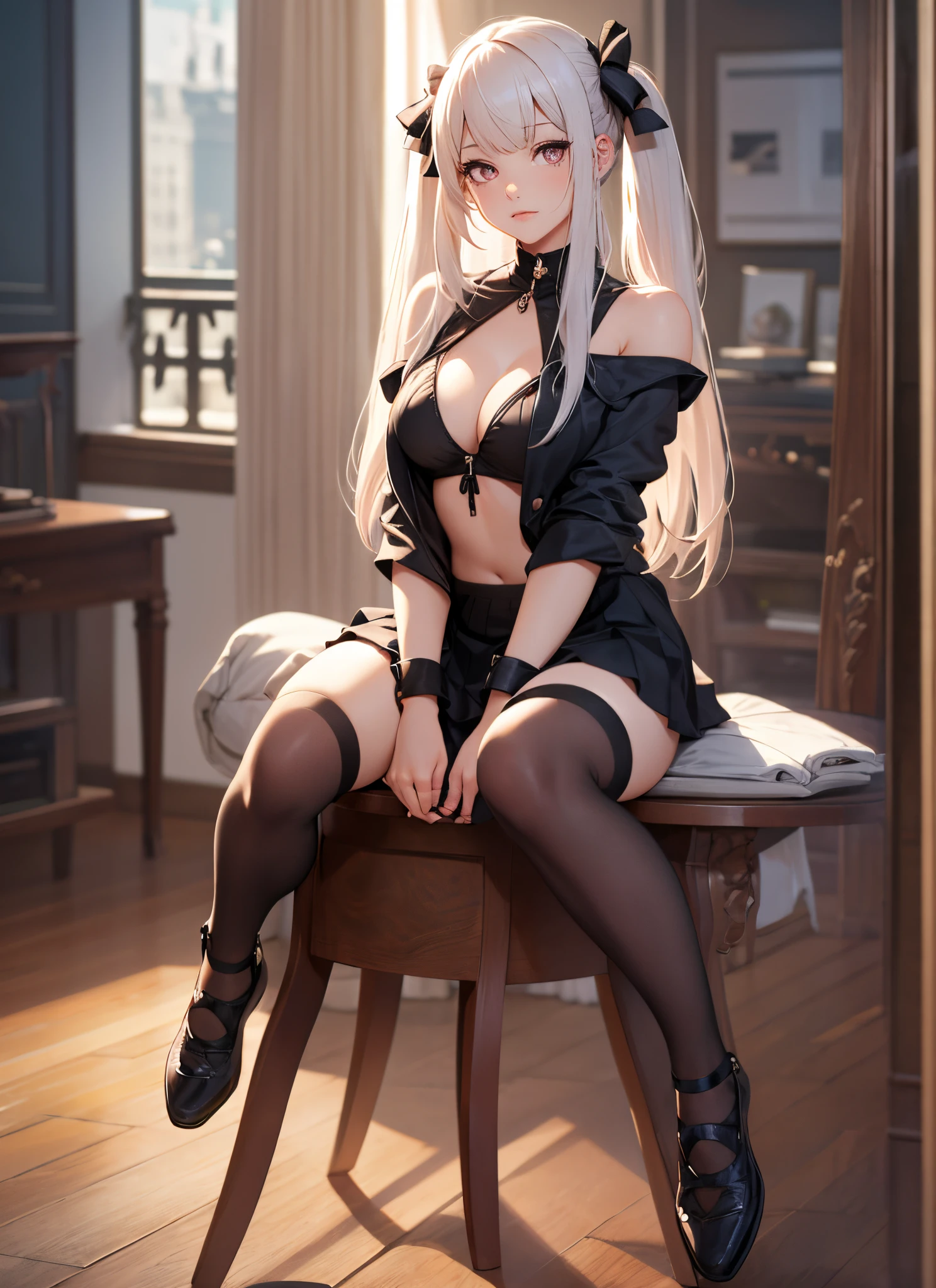 (masterpiece, best quality), beautiful woman, 23 years, soft light, ((ballerina skirt)), bare shoulders, cleveage, long hair, long twintails, hairbows, black hair, alluring, big georgeous eyes, soft smile, perfect slim fit body, blue shoes, realistic background, elegant apartment, minimalistic apartment, realistic background, bright colors, full body shot, fullbody, medium breasts, solo, cleveage, sexy