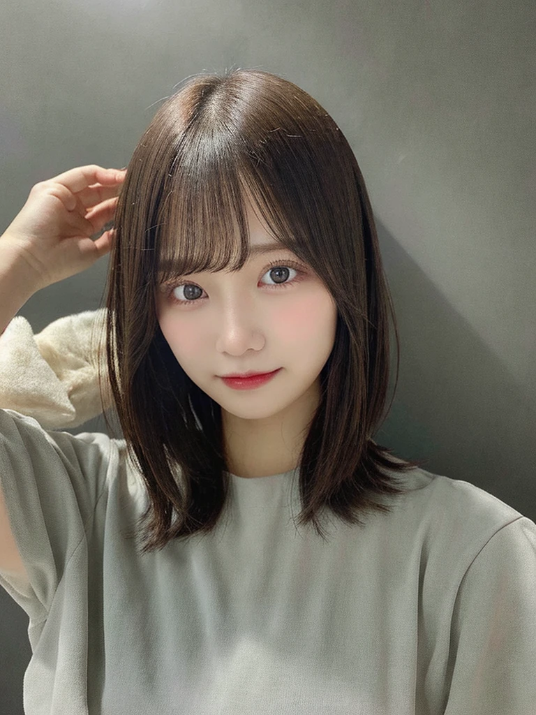 1girl in、real looking skin、(short-hair:1.1)、Very short shorthair、(Photorealsitic:1.1)、Beautuful Women、Beauty salon with revealing clothes、Gray background、Natural look