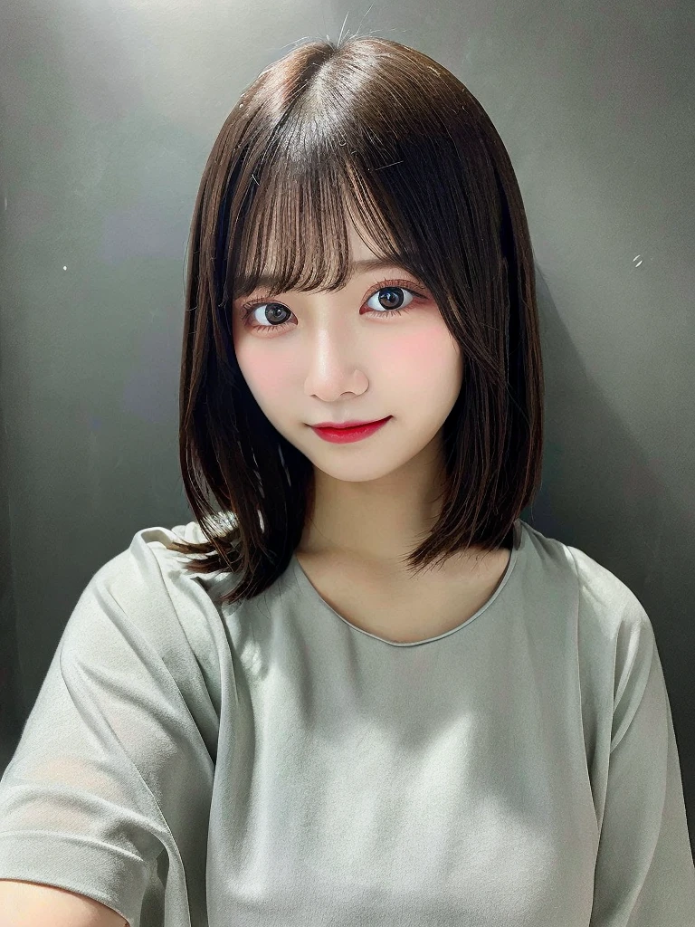 1girl in、real looking skin、(short-hair:1.1)、Very short shorthair、(Photorealsitic:1.1)、Beautuful Women、Beauty salon with revealing clothes、Gray background、Natural look