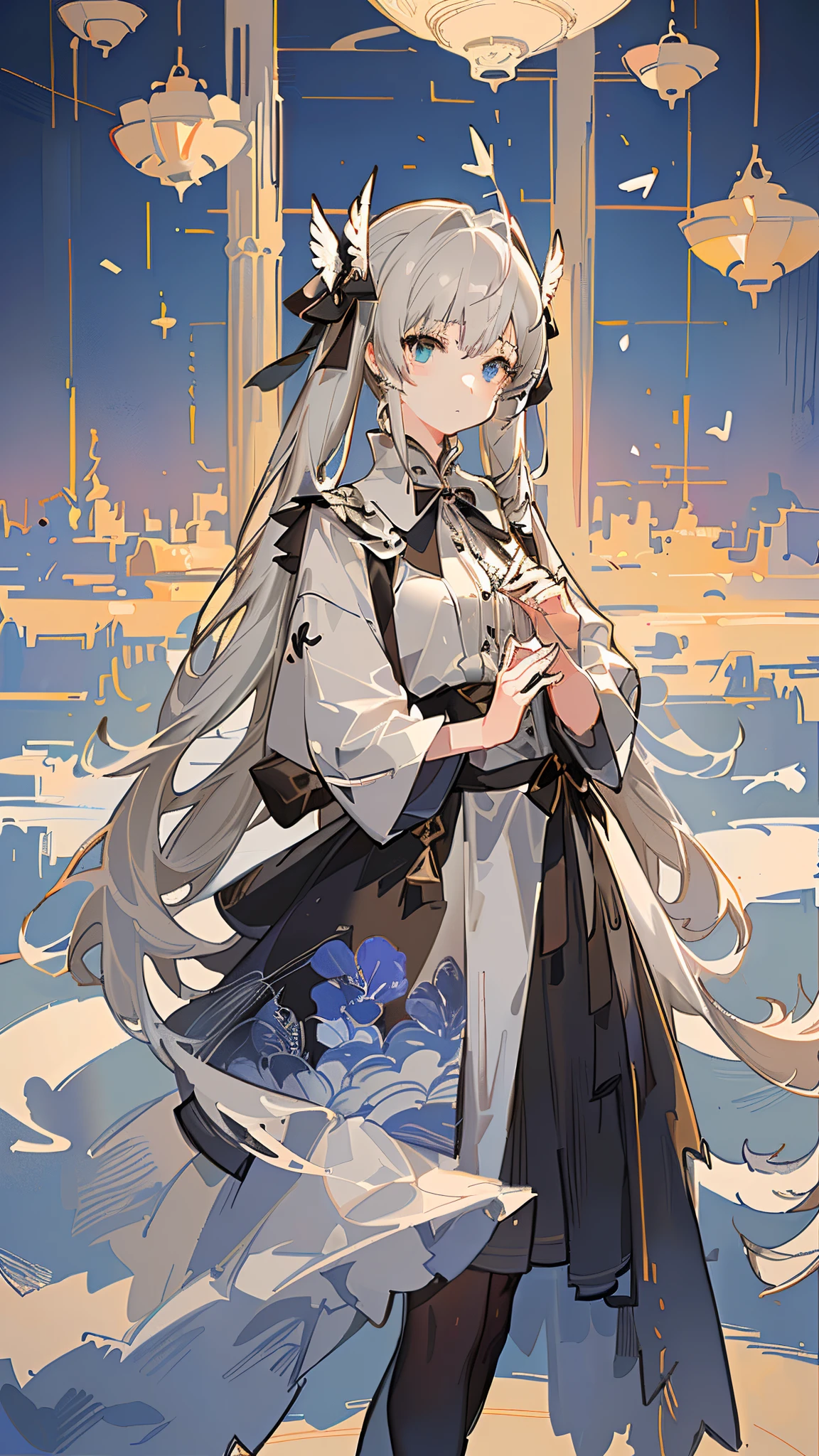 1girl in, 独奏, offcial art, unity 8k wall paper, ultra - detailed, prettify、Aesthetic, tmasterpiece, top-quality, Photorealsitic, A female angel、one white winged、Silver armor、Helmet with feather decoration、Long steel spear、Glowing angel circle、Light magic、depth of fields, Fantastic atmosphere, calm color palette, Tranquil Mood, Soft Shading (zentangle、datura、Tangles、Tangles:0.7) abstract backgrounds、The most beautiful forms of chaos、ellegance、Dark theme designed by brutalists