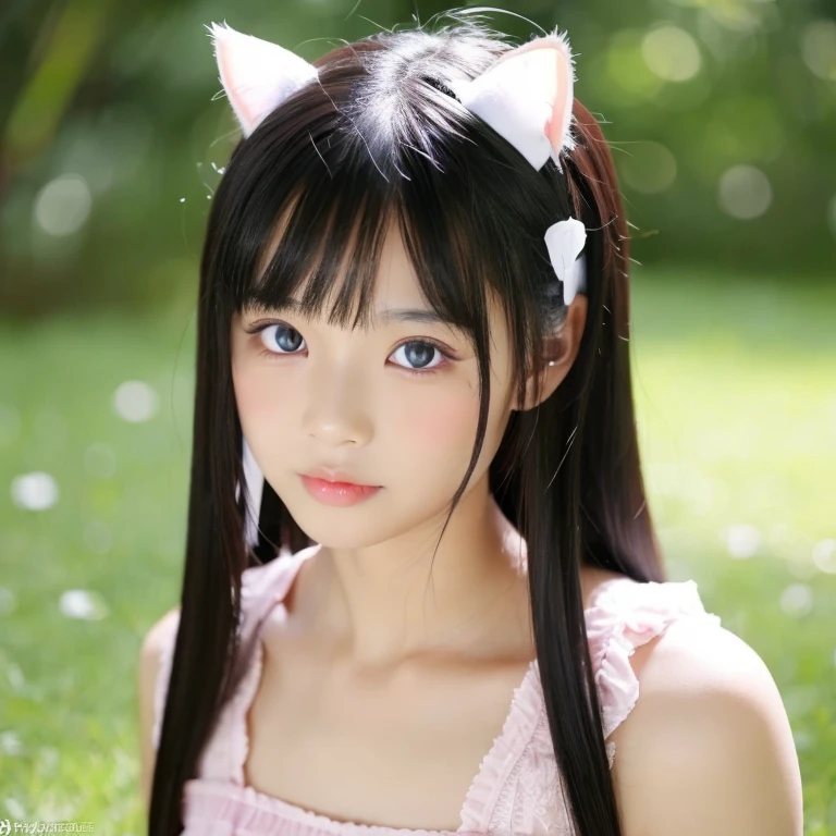 A beautiful Asian woman with odd eyes, con, and cat ears.
