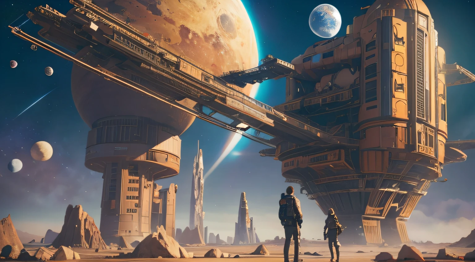 A space station located in space amidst the vast expanse of stars, planets, and galaxies would be a remarkable feat of engineering.(((masterpiece))), ((best quality)), realistic, 8k, ultra-detailed, realistic, scenery, ConceptArt, Highly detailed RAW color Photo, side Angle, (lens flare:0.7), particle effects, raytracing, cinematic lighting, shallow depth of field, photographed on a Sony Alpha 1, 50mm wide angle lens, sharp focus, cinematic film still, dynamic pose., --auto