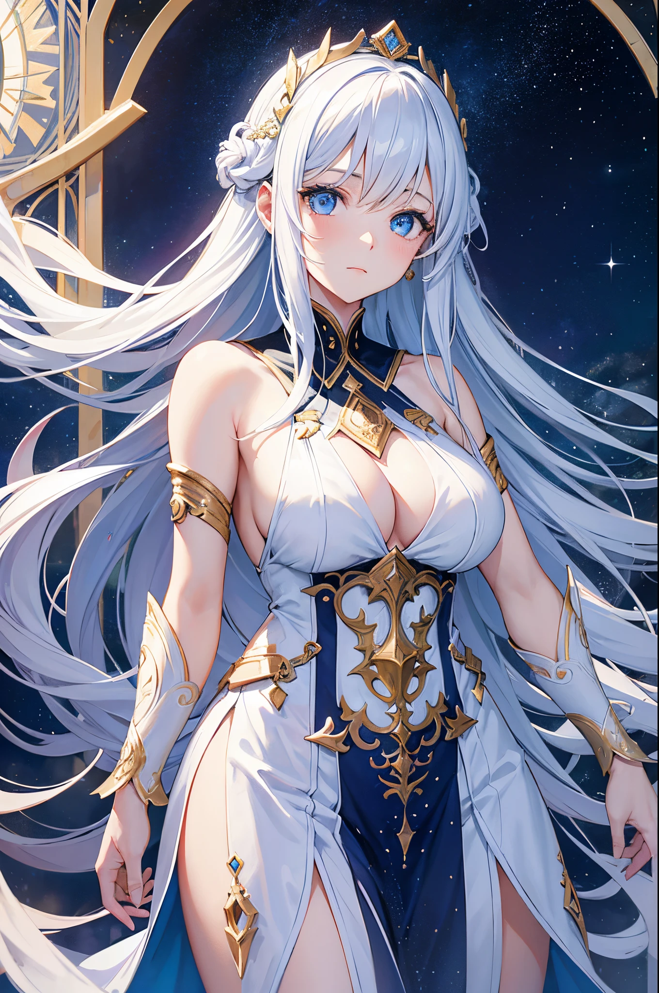 Woman. woman. 1-women. One woman. A woman. A Goddess in typical all-white Goddess attire. An Aeon . The Goddess of . Long white hair and light sky blue eyes. Background of a starry galaxy with giant clocks. Goddess of time and space. Upper body. Half body potrait. Hair accessories. Beautiful hair style. Cool woman. Authoritative women. Cool and strong aura. Aesthetics. Mysterious. Very beautiful.