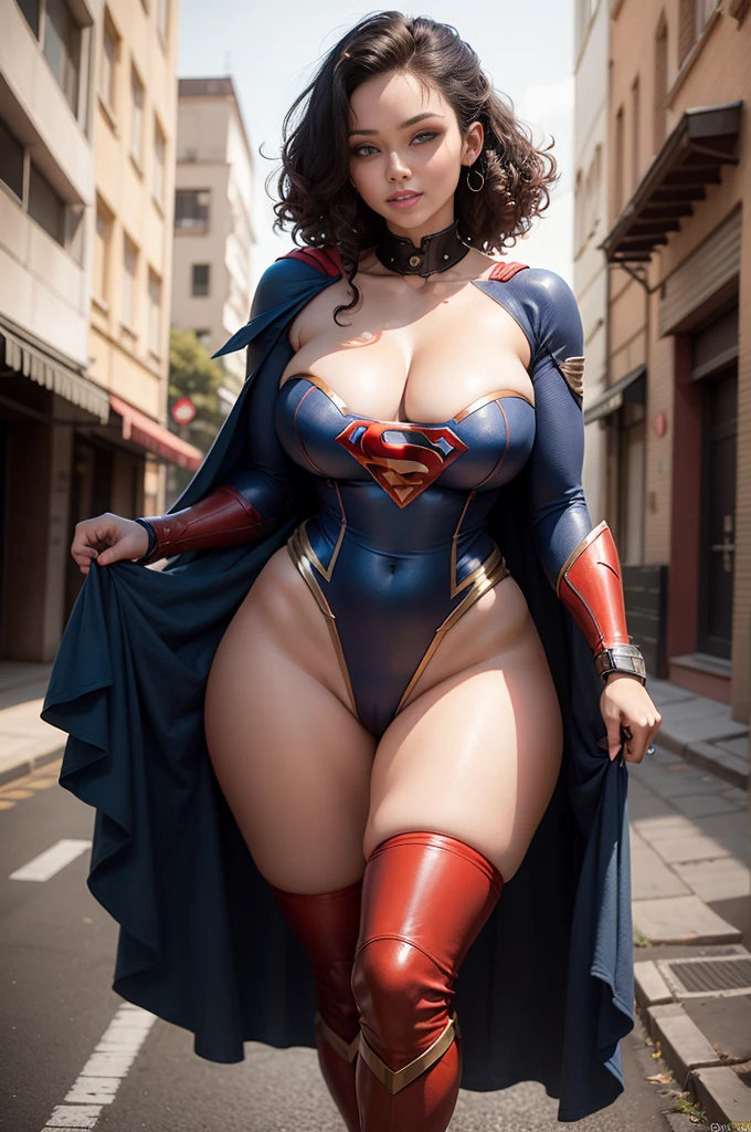 Arte Oficial, Unity 8k papel de parede, ultra detalhado, Beautiful and Aesthetic, Beautiful, master part, best quality, (BLACK GIRL, EBONY SKIN), (Zemaranhar, mandala, emaranhado, emaranhar), 1girl, (Supergirl), MILF BBW, rabo de cavalo, cabelo afro, olhos escuros, pequeno, capa vermelha, saia vermelha, Botas vermelhas, tampo azul, seios grandes, Clavicle exposed, exposed neck, cintura exposta, Voando acima da paisagem urbana, gota de suor, Desviando o olhar, Cyberpunk, adicionar_detalhe, Supergirl, tempestade, epic scene,Detalhes complexos, hiper sexualizada, Hiper provocativo, , Sorriso, hiper ta, Sagging , Sagging Tits , Clivagem profunda, Cameltoe completo, Hiperresolución, sardas cheias, thick, juicy lips, Olhos grandes, roupas mal reveladoras, mamilo exposto, expor pelos pubianos