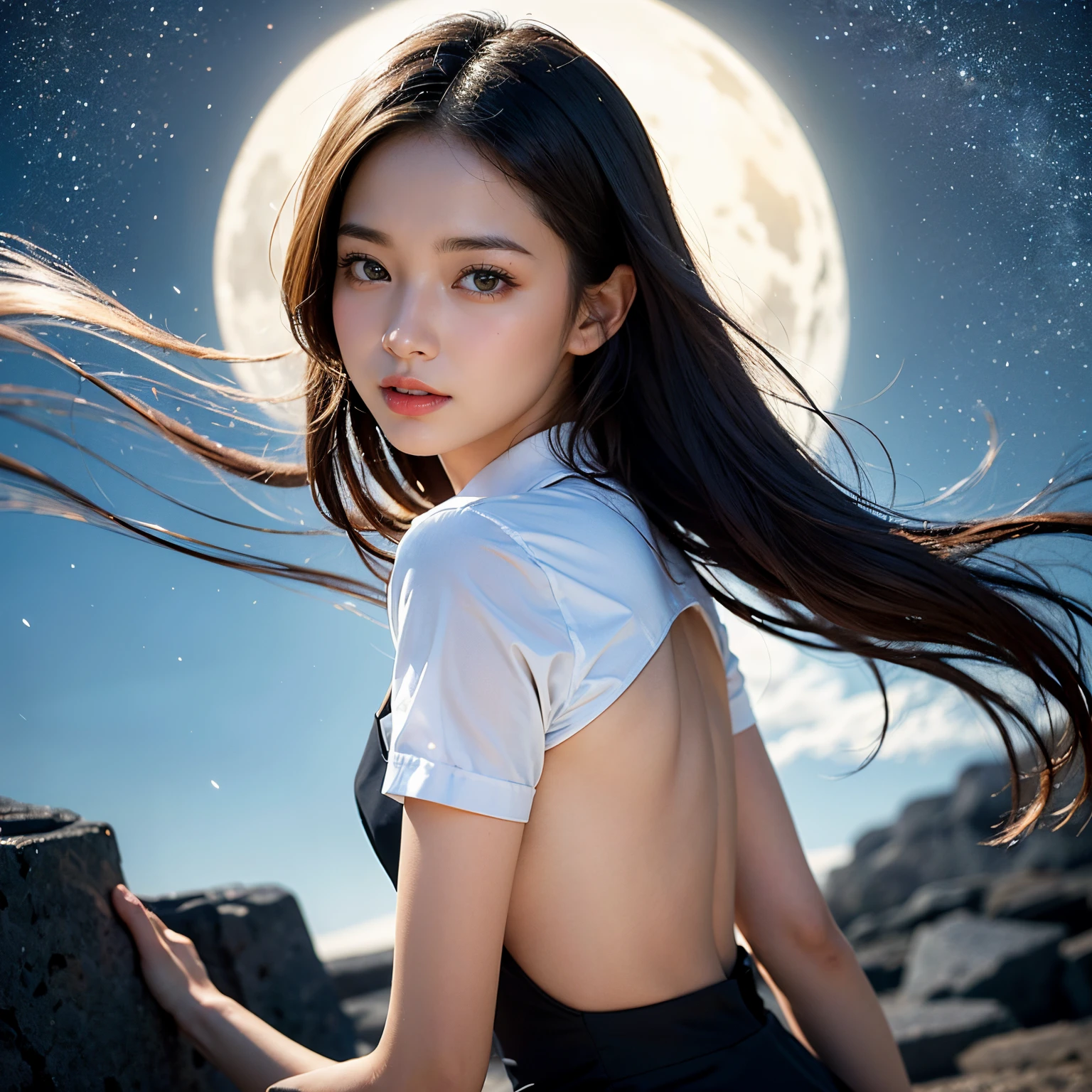 beautiful images、universe、fantasy、moon、shooting start or herd、age girl、black eye、hair is bob、cute face、starry sky、Japanese、high school girl、thunder、naked、cute breasts