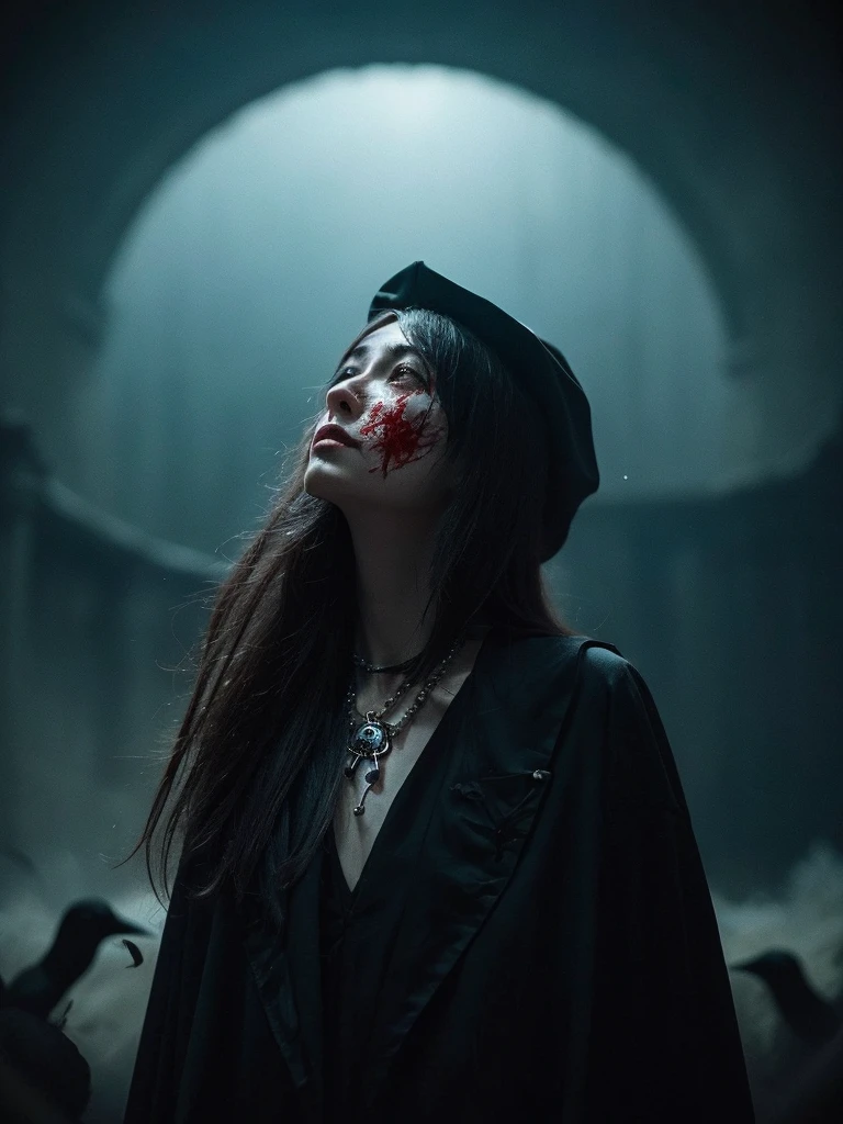 Plague doctor&#39;s verdict、origin of humanity、underworld、The catastrophic world of death、Blood rain、Covered in blood...., Women with long hair, Makeup reminiscent of the devil, A face that looks like that ;Sew them together with the mouth closed....、Demons ;corpse of, Black Clothing, fearful, Dark circles under the eyes, loneliness, Die in hell, darkness, Stylish necklaces and accessories, The catastrophic world of death、Hell、dust fluttering、dust、There are many crows and vultures in the sky....、Dark clouds, loneliness, darkness, Stylish necklaces and accessories, Look up at the sky...., land of death, end of the world, reminiscent of death, Crow flapping its wings floating debris、Devil face、World of the Dead、grave marker of the cross、Highly detailed facial and skin texture、 detailed eyes、二重まぶた, finely detail, master-piece, 最高品質, Special details, masterpiece,bestquality, Stills from dark fantasy films from 0s,(soothing tones:1.5),blending, mid shot, bokeh, (HDR:1.4), A masterpiece,idea, 10, HD, (motion picture, Red & Black :0.85), viewer&#39;s face, dramatic pose