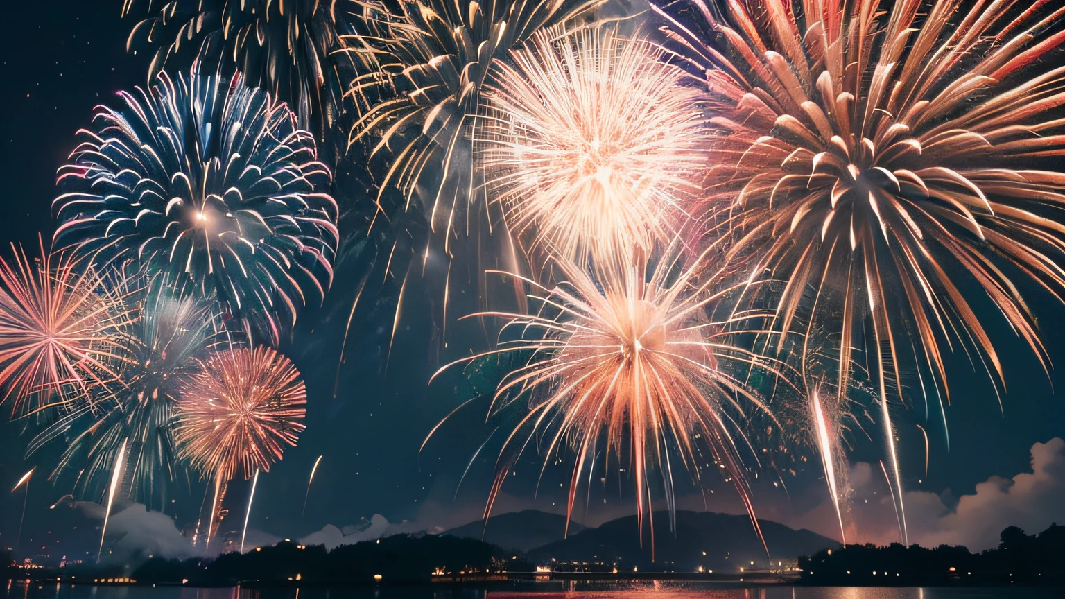 fire workamples of various fireworks to reduce white space，The background should not be too complicated，松下Lumix S Pro 50mm F / 1.physical homosexuality，Photoquality，very detailed photo，hyperrealistic photo，the detail，8K，k hd,