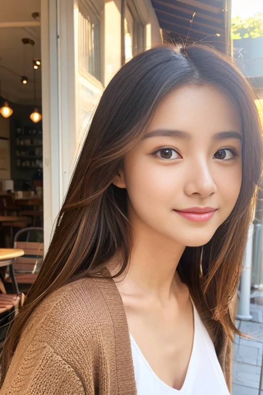 top-quality、ultra-detailliert、​masterpiece、realisitic、Photo Real、one girls、(Cute 22 year old girl、small head)、(kawaii:1.2)、Bewitching、(Brown hair、Longhaire)、put out an amount、eyes are brown、perfect glossy skin、((A slender))、constricted hips、((Perfect body))、model poses、accurate depiction、face perfect、Brown cardigan、White shirt、off shoulders、large full breasts:1.1、Facing the front、Bright lighting、Sunnyday、cafes、terrace background