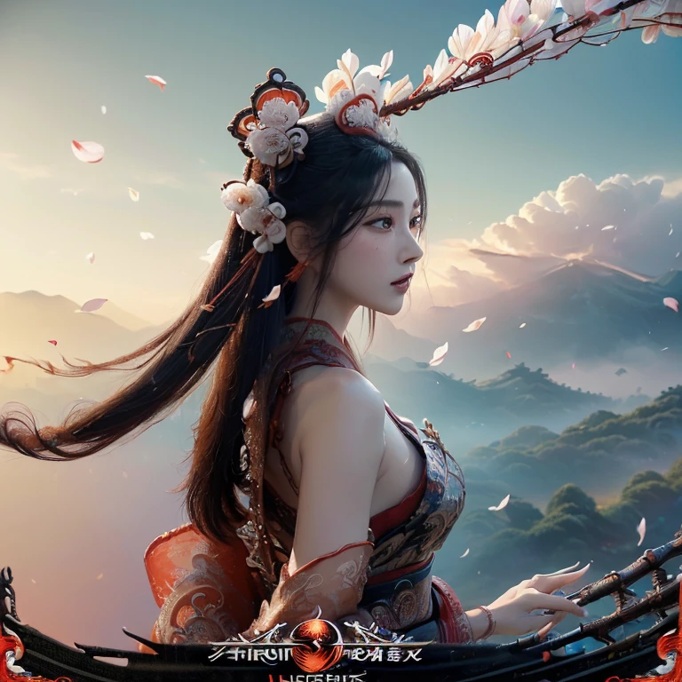 (mythological beasts), Nine-tailed demon fox, Dynamic body shape, (Chinese monster), Handsome, Splash ink, chineseidol, 1个Giant Breast Girl, ((full bodyesbian), ((2.5 dayluttering, pretty eyes, Elaborate Eyes, Delicate silhouette, Fantasyart, (Black and red antique brocade Hanfu), field of view, (tmasterpiece), Frontal shooting, Side portrait, white backgrounid, (filmposter), Sharp, splash, ​​clouds, petals, empty, Skysky, (wide wide shot), Faraway view