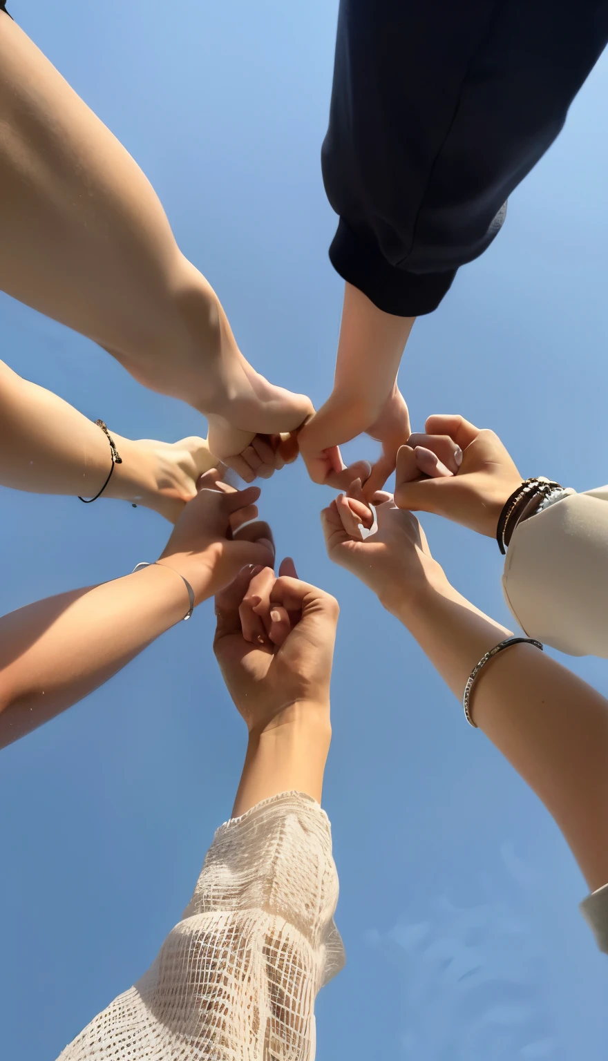 several people are holding hands in a circle with their hands, reaching out to each other, hands pressed together in bow, too many hands in all directions, forming a heart with their necks, hands in air, many hands, hands reaching for her, hands in the air, by Anna Haifisch, bringing people together, fists in the air, many arms