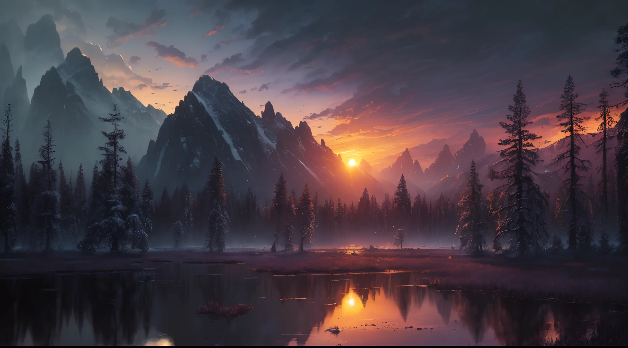 (masterpiece, best quality, high quality, highres:1.4), detailed, extremely detailed, ambient soft lighting, 4K, landscape, (dusk, setting sun, darkening sky:1.3), swamp, mire, mist, mountains in the background, crooked trees, darkness, dark fantasy, gothichorrorai