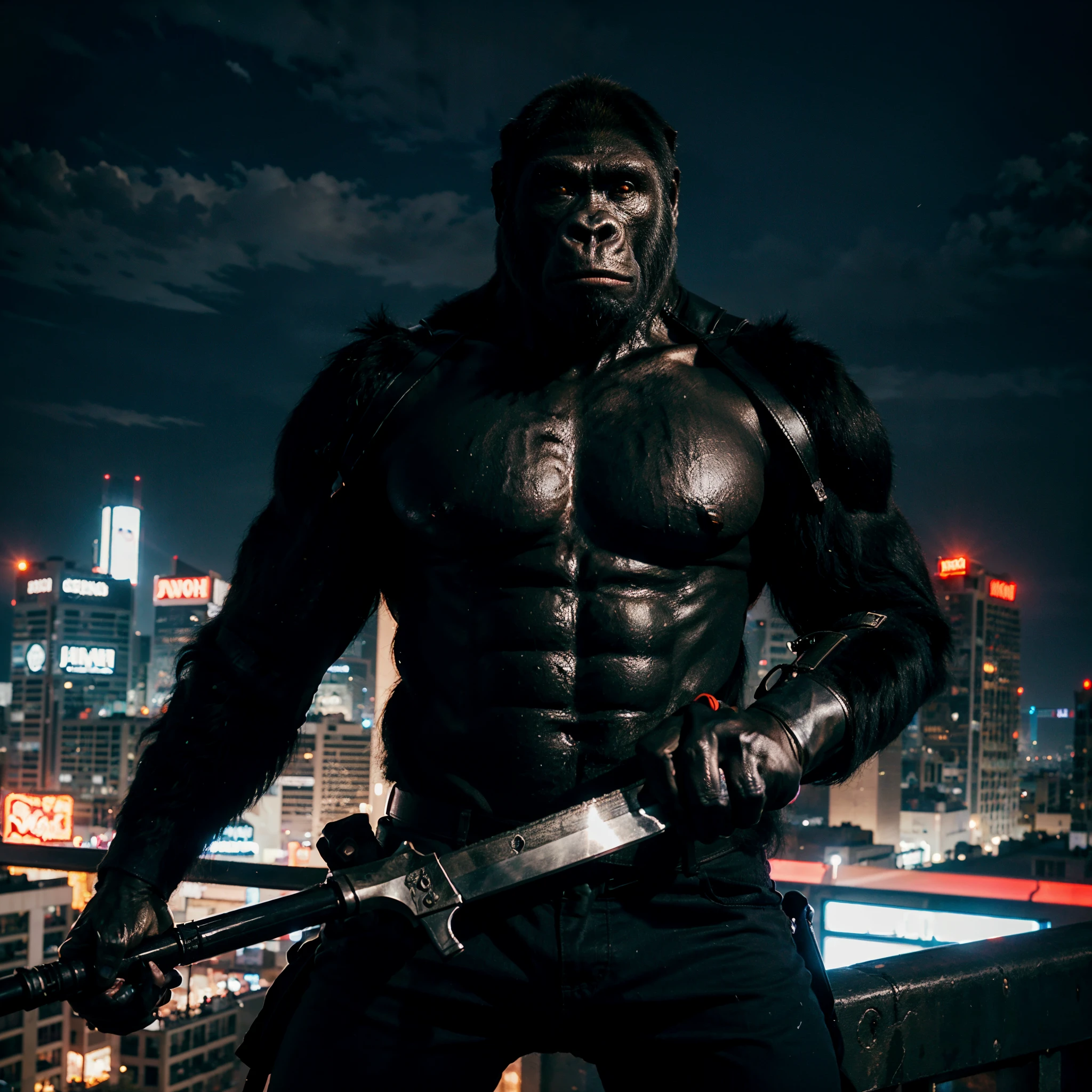 A gorilla , holding a gun and a sword, looks like an assassin, looks cool and mysterious, looking over the city, its dark, neon lights, high quality, high detail, 8k