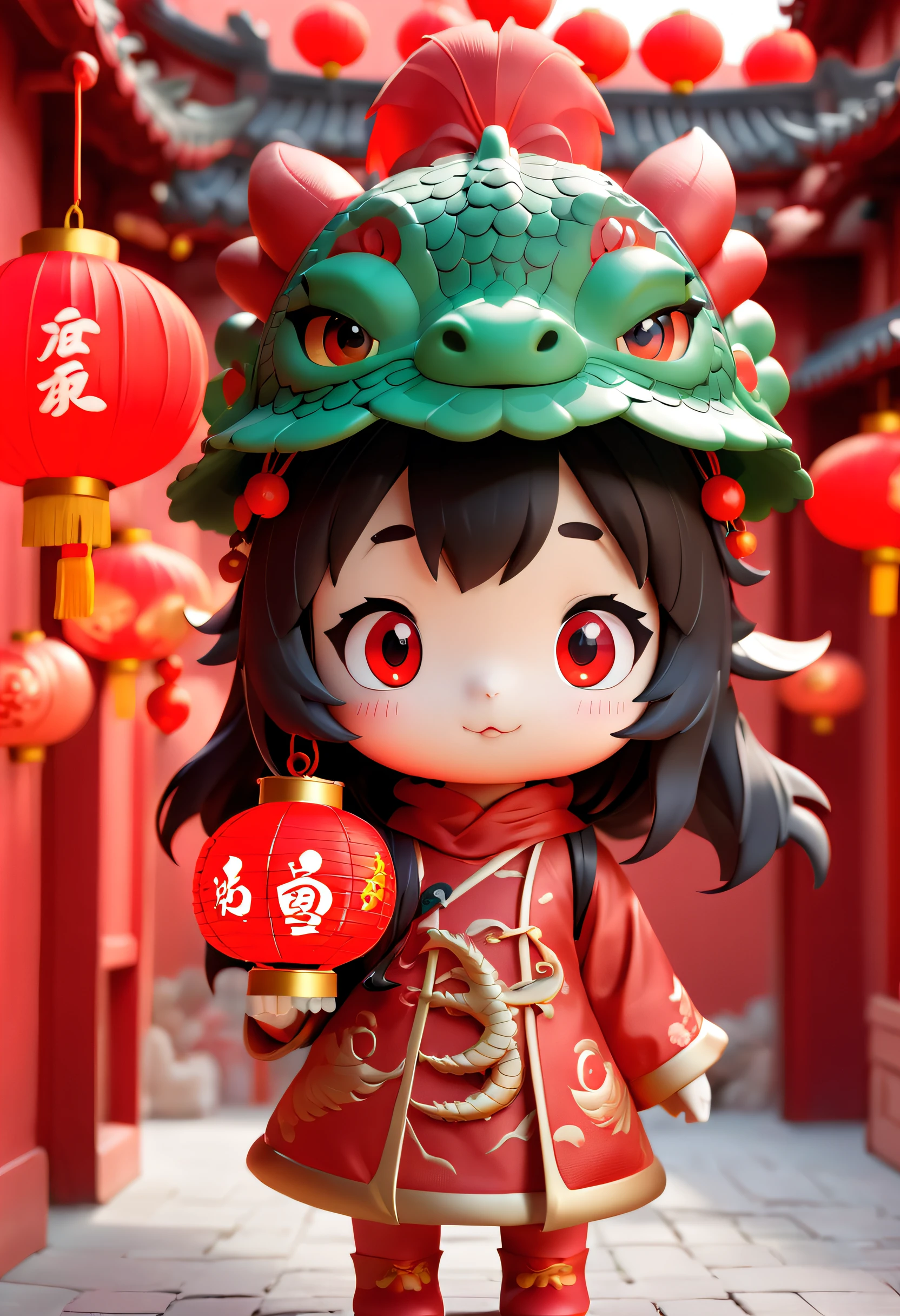 Super cute girl wearing Chinese dragon hat, Carrying a red lantern, eyes with brightness, Red Wall, Pop Mart blind box, a 3D render, hairy pubic