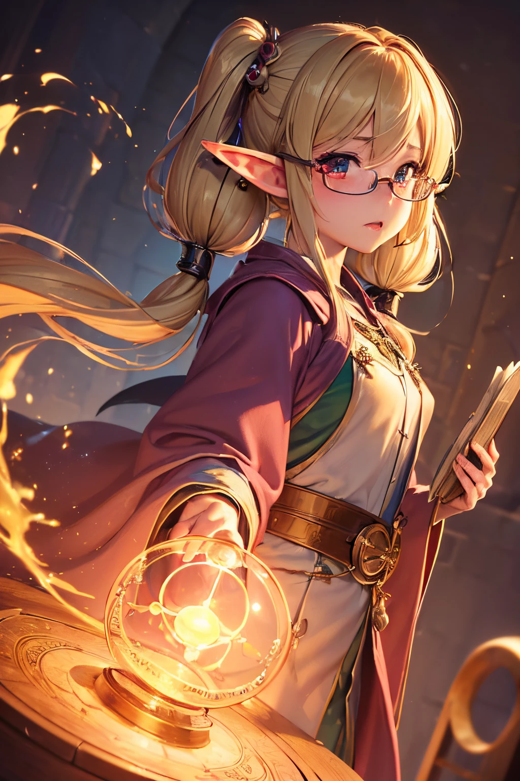 Super Detailed Beautiful Girl, Cinematic, Cinematic Light, Realistic, 3D Rendering, Highly detailed face, Highly detailed, realistic appearance, Lifelike, Realistic Girl, Highly detailed hair,(((petite girl with blonde twin tails))),(((SFW))),(((Mix and mix))),(((red blush))),(((Cute voice))),Glasses,((((elf-ears)))),(((Fantasy worldview))),(((Angle from the side))),(((alchemy kiln))),(((potions))),(((Wearing a chic long robe))),(((spell book))),(((magic circles)))