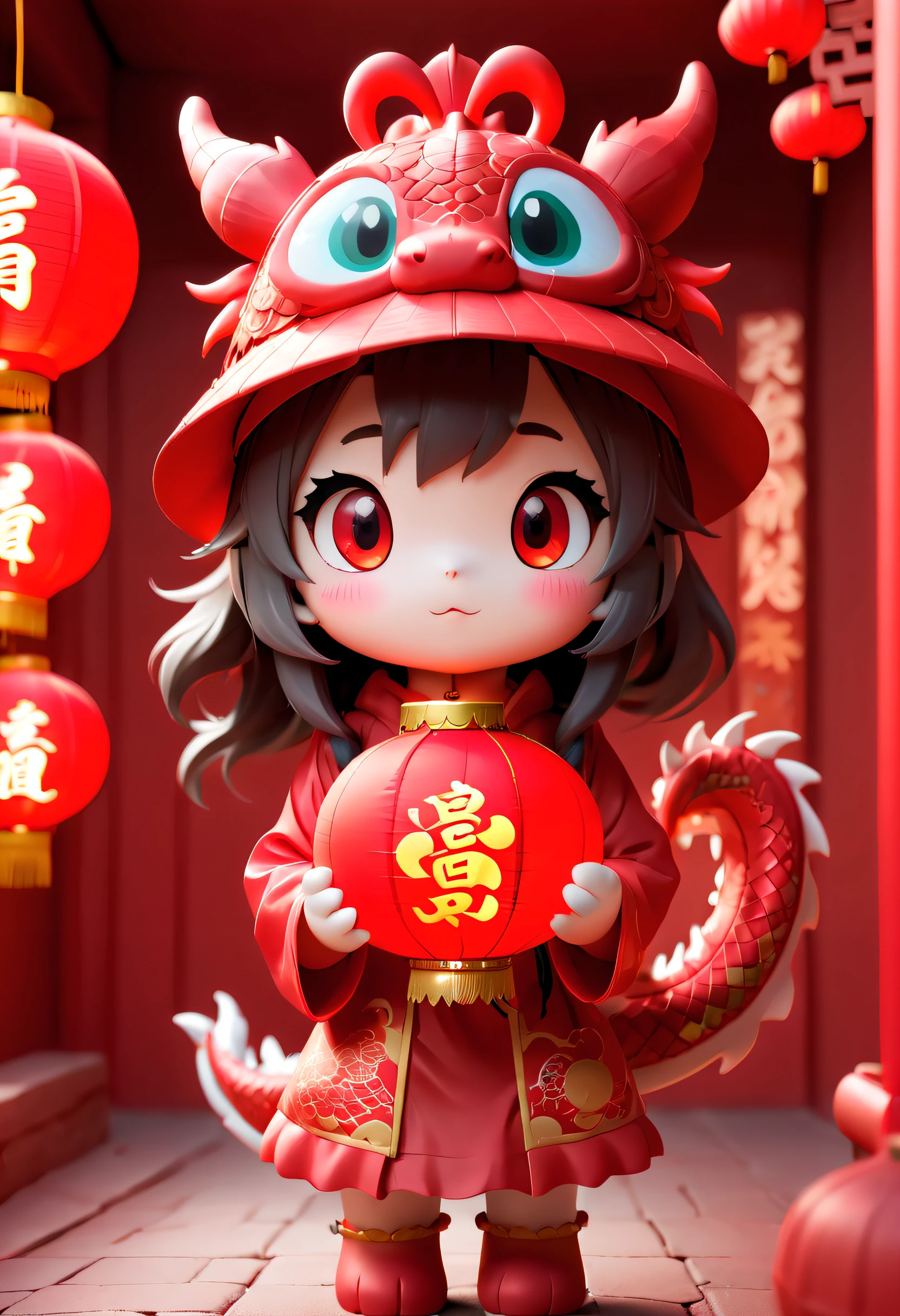 Super cute girl wearing Chinese dragon hat, Carrying a red lantern, eyes with brightness, Red Wall, Pop Mart blind box, a 3D render, hairy pubic