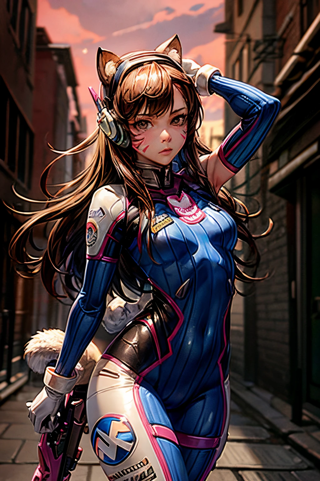 1girll, (D.va (Overwatch):0.8), Solo, Long hair, whisker markings, tightsuit, Brown hair, face markings, mitts, Breasts, Brown eyes, pilotsuit, Cowboy shot, Earphone, White gloves, Medium breasts, sweeping bangs, skin tight, Animal print, bangs, Bunny print, Ribbed one-piece tights, facepaint, Pink lips, leaning back against the wall, holding gun, Serious look, questionable,  caring, investigative, Dark Alley, Night, Night sky, Red light, (Silhouette, hard light:1.2),