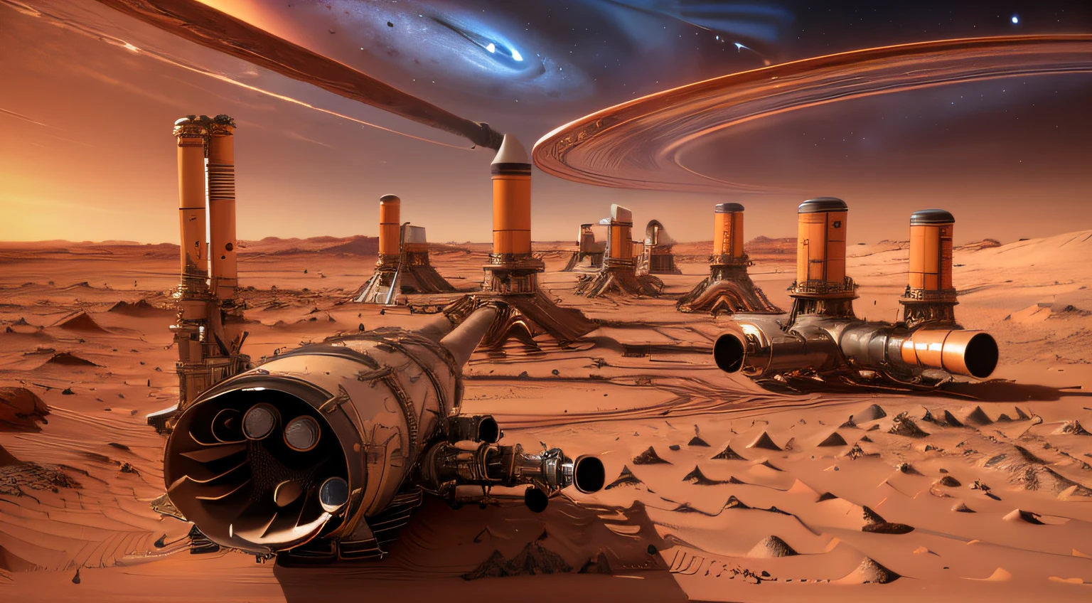 (view from space:1.1), (((interplanetary pipes stretching between mars and earth))), ((Using ultra-long suspended interplanetary space tubes to transport gases from Mars to Earth)), Mars natural gas field development, Industrial pumping of natural gas on Mars, realistically, Very real, actual, 3D