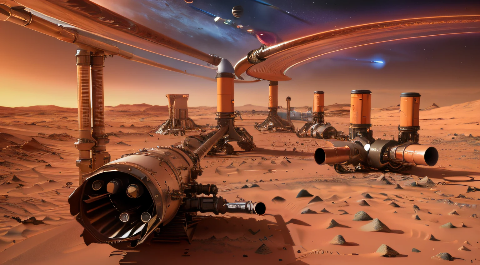 (view from space:1.1), (((interplanetary pipes stretching between mars and earth))), ((Using ultra-long suspended interplanetary space tubes to transport gases from Mars to Earth)), Mars natural gas field development, Industrial pumping of natural gas on Mars, realistically, Very real, actual, 3D