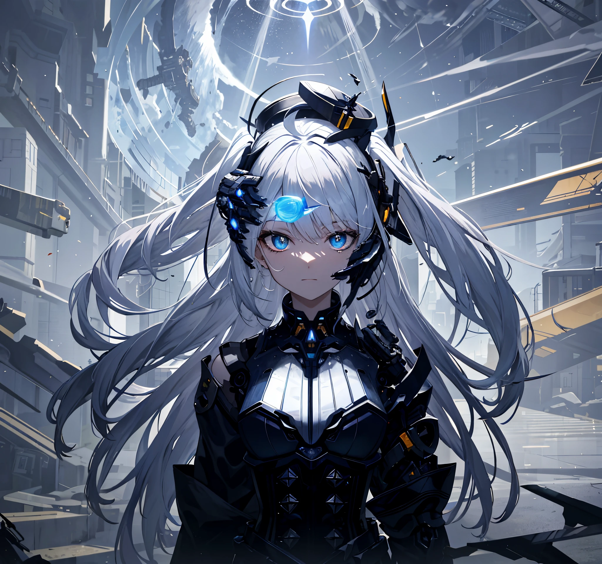 tmasterpiece,Best quality,ultra - detailed,very detailed illustration,Very meticulous,Complicated details,A high resolution,super complex detail,Very detailed 8k CG wallpaper,Denim lenses,Caustics,reflector,ray traycing,Demon Theme,Starcloud,darkness aura,cyber effect,(1 Sister:1.4),Alone,Alone,mecha girl,mechanicalparts,robotjoints,single mechanical arm,Hats,Mechanical Aura,star halo,Electromechanical jumpsuit,mecha corset,Common,Straight A'S,Very long hair,White hair , Hair between both eyes, Hair color, Colored inner hair, blue colored eyes, glowing light eyes, Eye trajectories, Random expression, Random actions, ancient japanese architecture, ponds, starrysky, skylines,