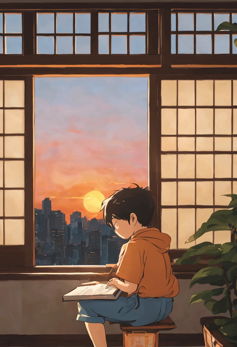 Boy studying outside the window watching the sunset, Japanese cartoon, he lives in a building.