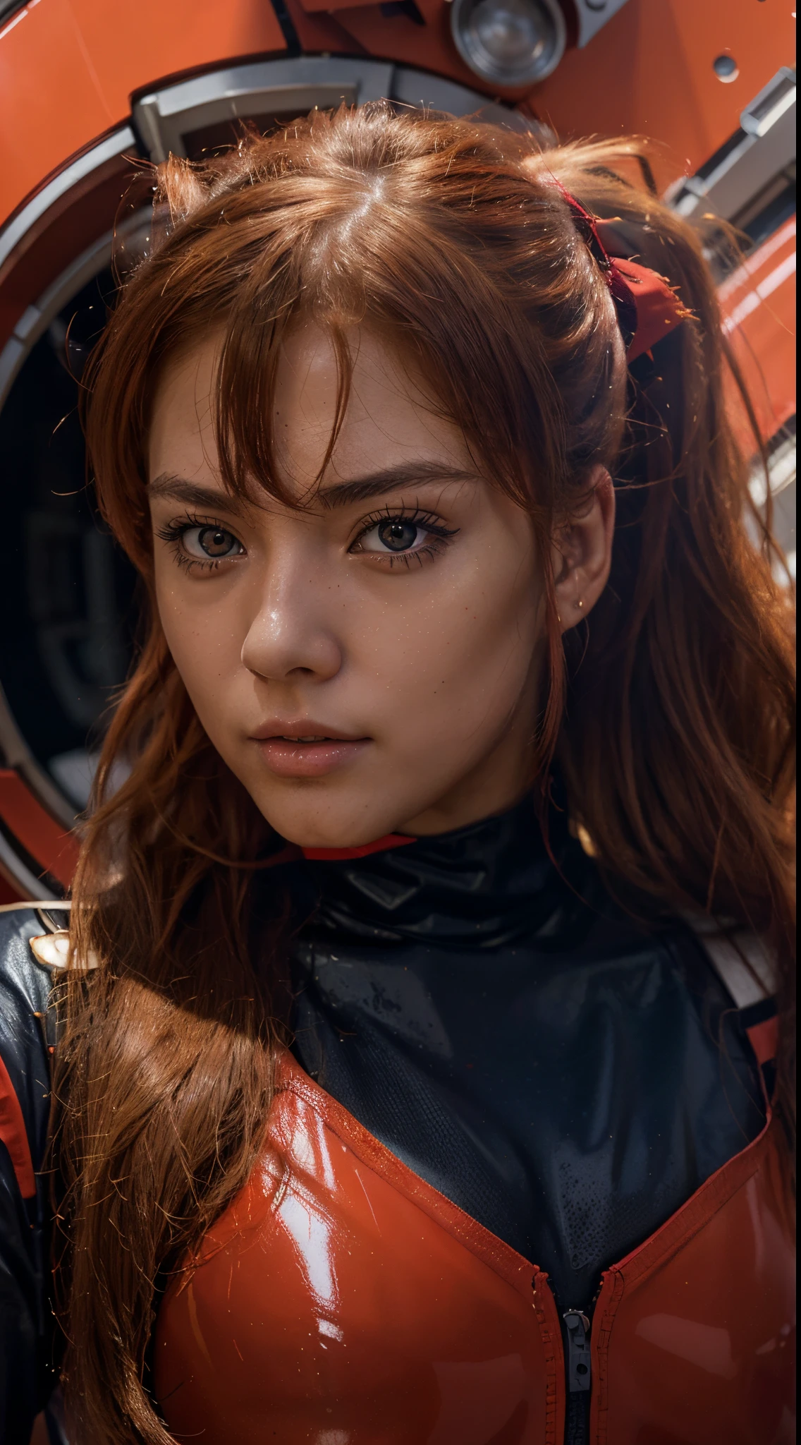 (best quality), high resolution, portrait of Asuka Langley Soryu, Beautiful Pretty Mixed German Babe, (Beautiful face), sexy lips, athletic model body, alluring gaze, Damaged Red Tactical Red Latex Damaged Red plugsuit, Auburn Twin Tails Ribbon Red Long Hair, (front view:1.5),(establish shot:1.6),(looking at viewer), intense gaze, dark blue detailed beautiful eyes, flirty face, (dynamic pose), combine realism and anime influences, space station, color palette vibrant reds, dramatic lighting,