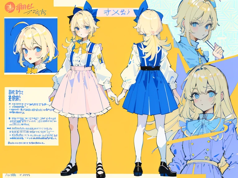 Blue skirt,supreme， white  shirt, blond hair，pink eyes，Standing on your feet，submachine gun，Detailed Genshin graphics，anime character design，anime concept art，pretty anime character design，anime character reference sheet，[Character design]，1girl in, ((Character information)、(Chara Leaf)、pastel dimmed colors, (Yellow color palette.:1.2, Blue:1.2, Pink:1.2), (a beautiful blonde ), Short fashionable skirt, Ruffles and lace, polka dot,(Lush pastel dresses), petite girl,Type sheet, Character Sheets, Three types，Shot Full Body，Game Character Design, yellow bow tie,